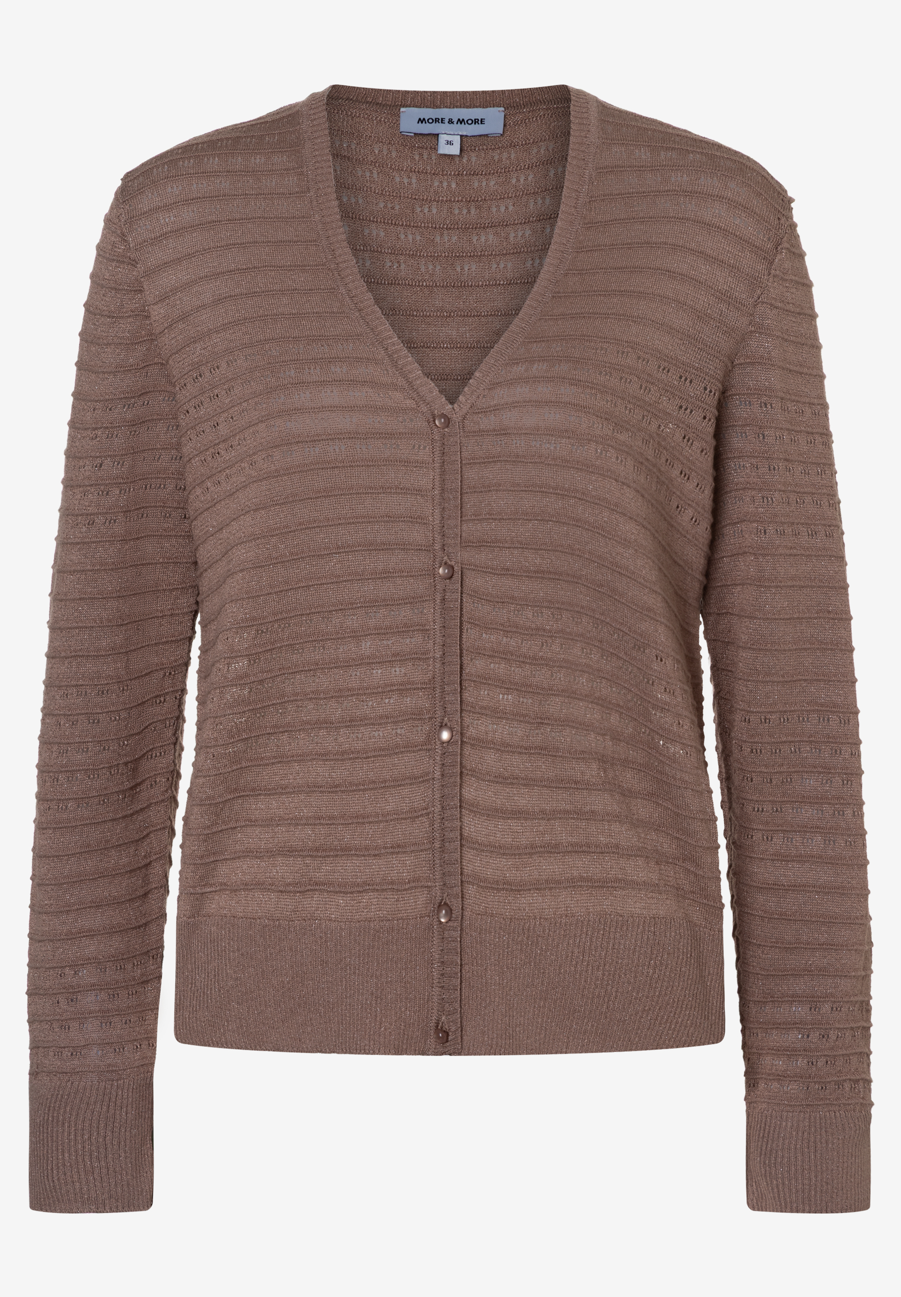 Braune Strickjacke von MORE & MORE mit V-Ausschnitt und Knöpfen. Struktur- und Lochstrick. Braune Strickjacke von MORE & MORE mit V-Ausschnitt und Knöpfen. Struktur- und Lochstrick.