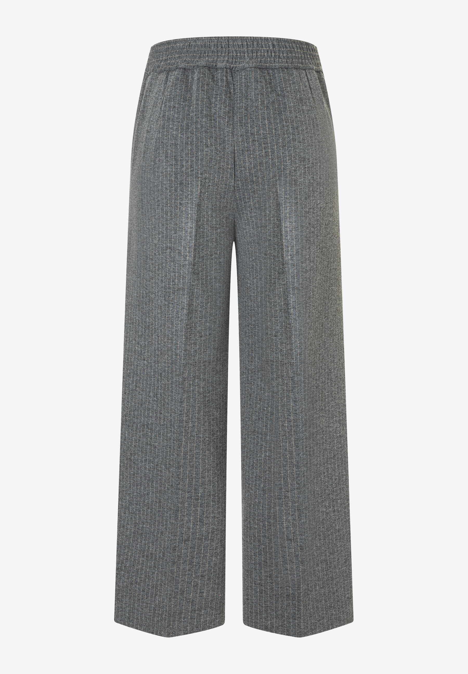 Graue, locker sitzende MORE & MORE Hose mit dünnen, hellen Streifen vor neutralem Hintergrund. Graue, locker sitzende MORE & MORE Hose mit dünnen, hellen Streifen vor neutralem Hintergrund.