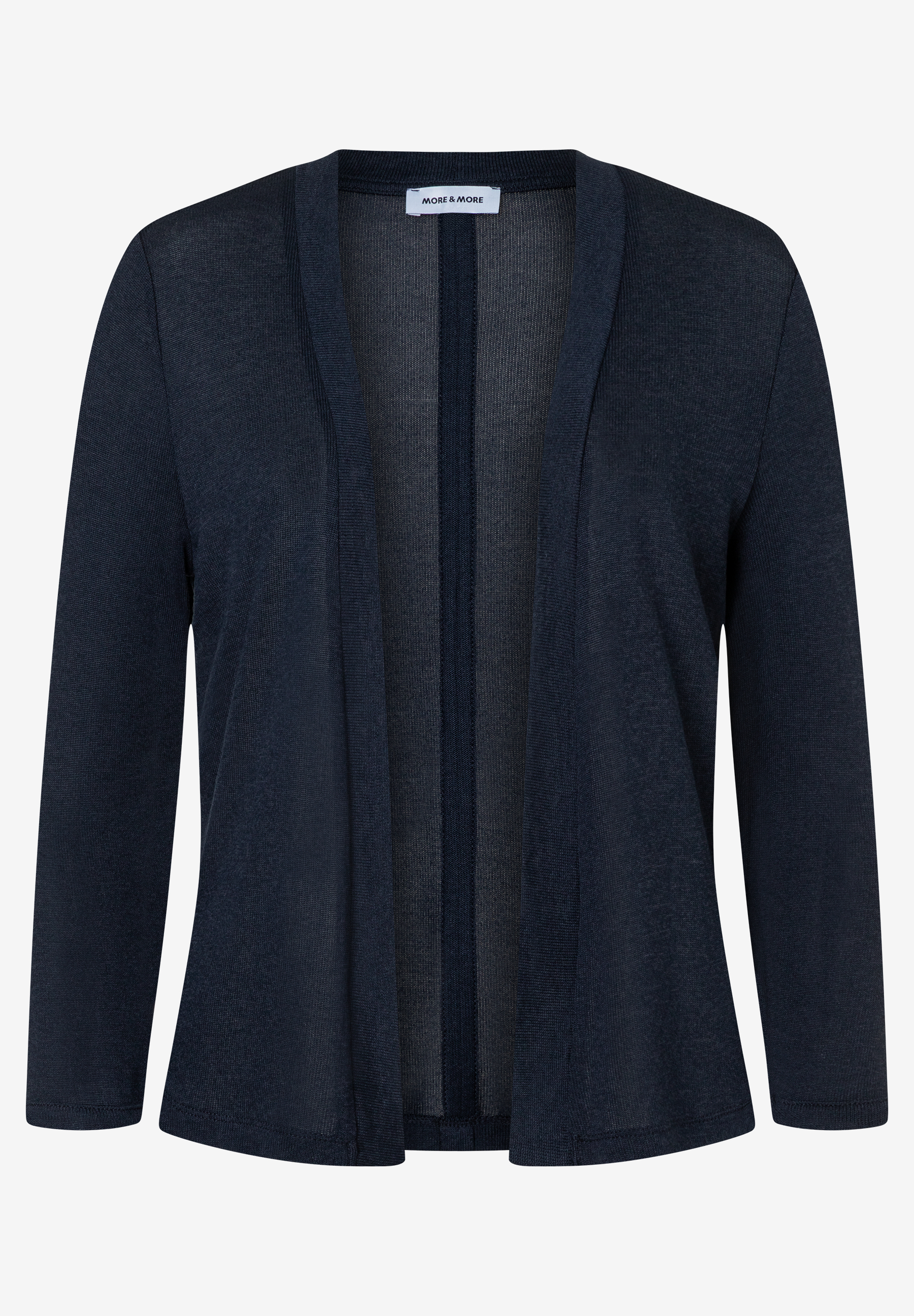 Eine marineblaue Strickjacke von MORE & MORE mit langen Ärmeln.