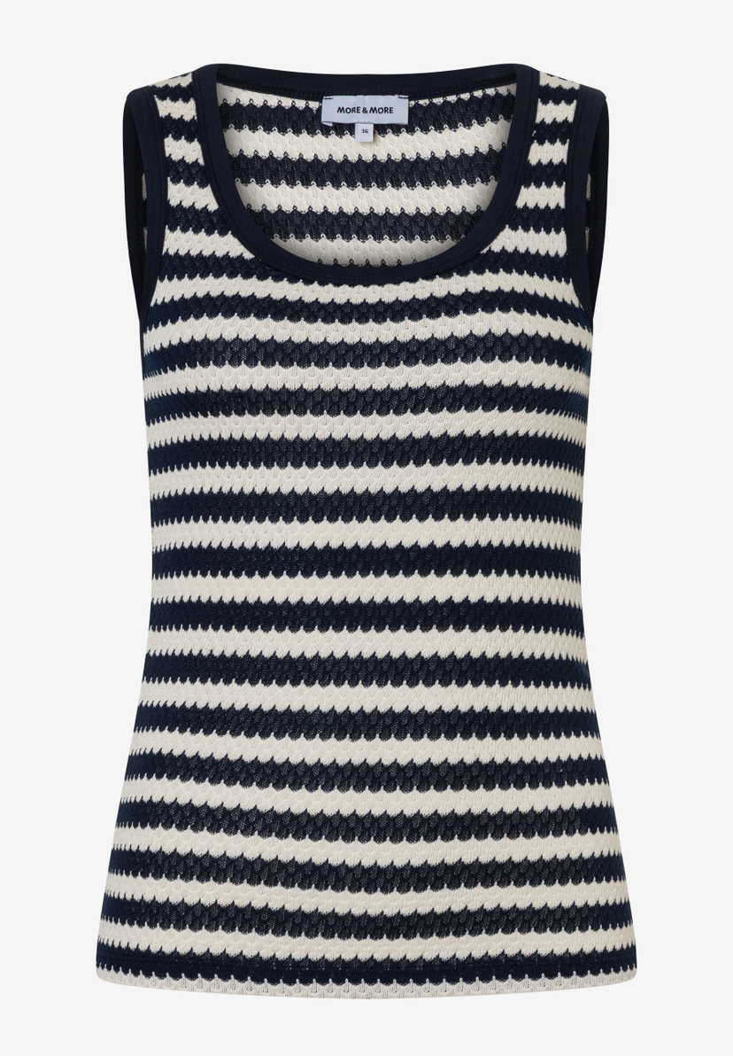 MORE & MORE gestreiftes Jersey-Top in Schwarz-Creme. Ärmellos und mit Rundhalsausschnitt, ideal für sommerliche Outfits. MORE & MORE gestreiftes Jersey-Top in Schwarz-Creme. Ärmellos und mit Rundhalsausschnitt, ideal für sommerliche Outfits.