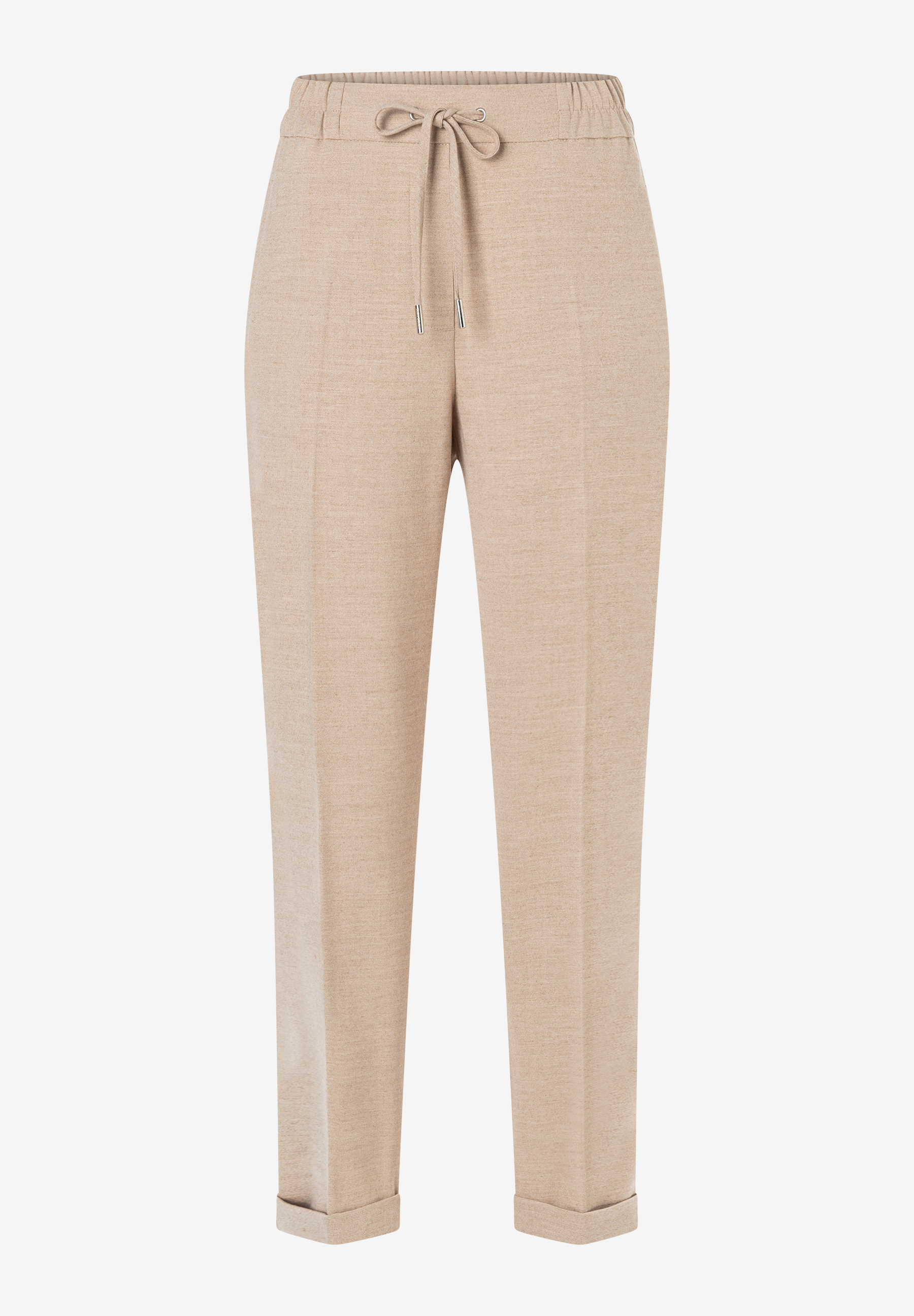 MORE & MORE Jeans: Beigefarbene Hose mit lockerem Schnitt, Bundfalten und Kordelzug am Gummibund. Die Hosenbeine sind gekrempelt.