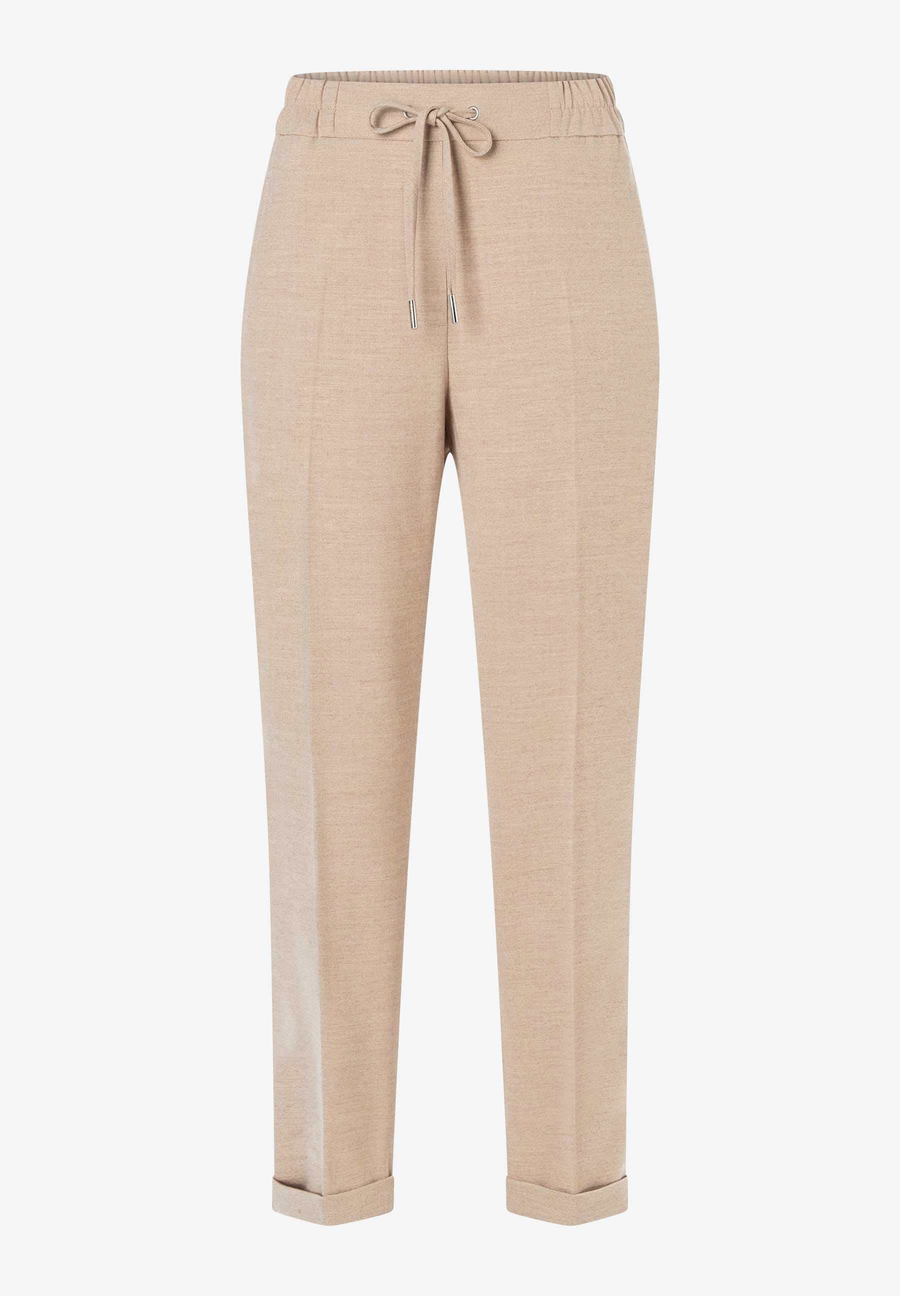 MORE & MORE Jeans: Beigefarbene Hose mit lockerem Schnitt, Bundfalten und Kordelzug am Gummibund. Die Hosenbeine sind gekrempelt.
