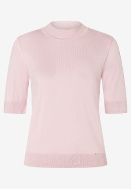 MORE & MORE rosafarbener Kurzarm-Strickpullover mit Stehkragen und Rippbündchen