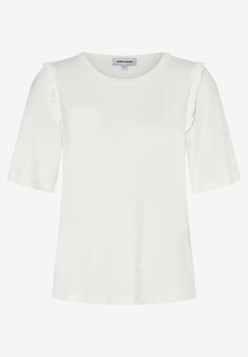 Ein weißes MORE & MORE T-Shirt mit kurzen Ärmeln und Rüschen an den Schultern. Ein weißes MORE & MORE T-Shirt mit kurzen Ärmeln und Rüschen an den Schultern.