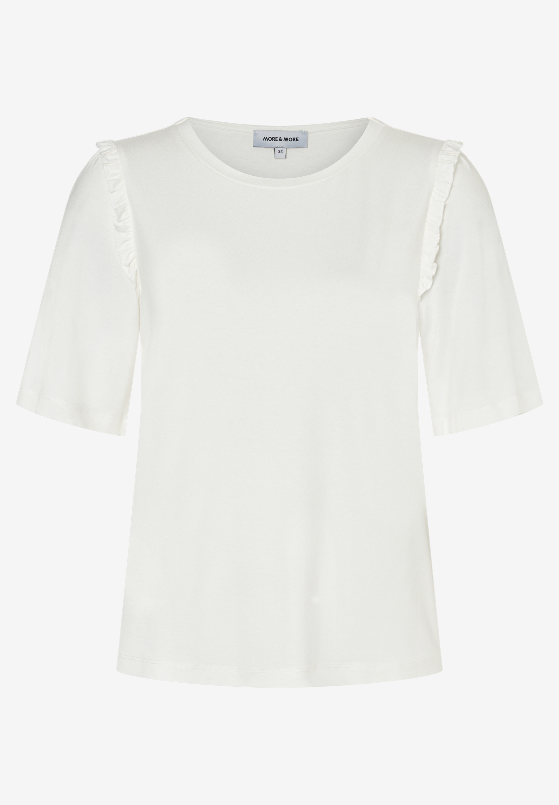 Ein weißes MORE & MORE T-Shirt mit kurzen Ärmeln und Rüschen an den Schultern. Ein weißes MORE & MORE T-Shirt mit kurzen Ärmeln und Rüschen an den Schultern.