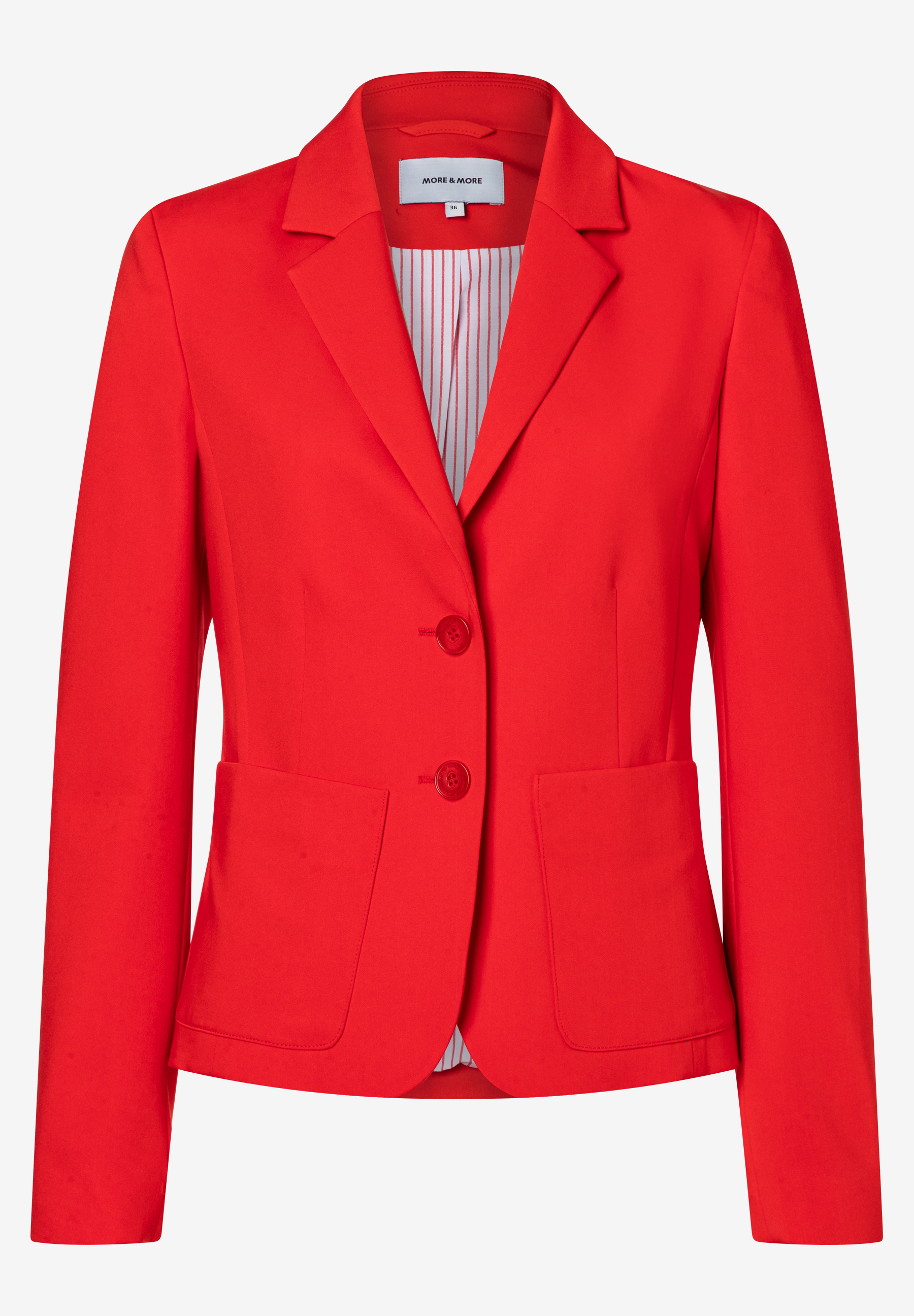 Roter Blazer von MORE & MORE mit zwei Knöpfen und Taschen. Roter Blazer von MORE & MORE mit zwei Knöpfen und Taschen.