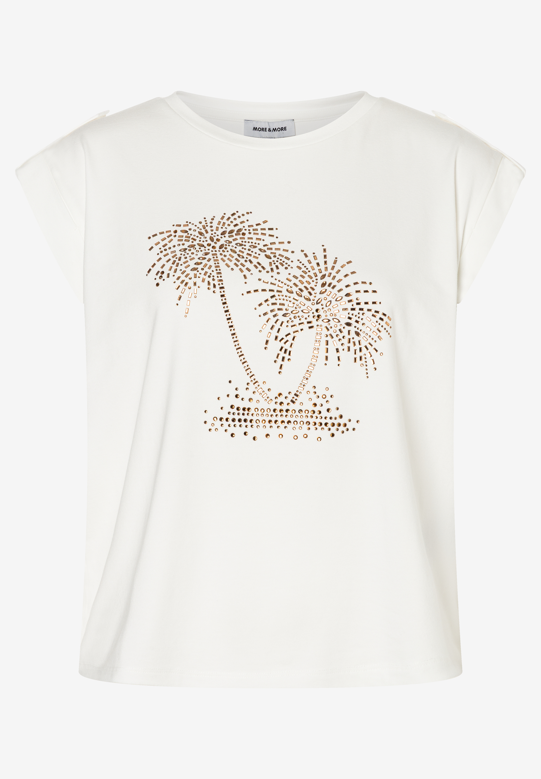 MORE & MORE T-Shirt/Top in Off-White mit Palmenmotiv aus goldfarbenen Nieten. Ärmel sind hochgekrempelt. MORE & MORE T-Shirt/Top in Off-White mit Palmenmotiv aus goldfarbenen Nieten. Ärmel sind hochgekrempelt.