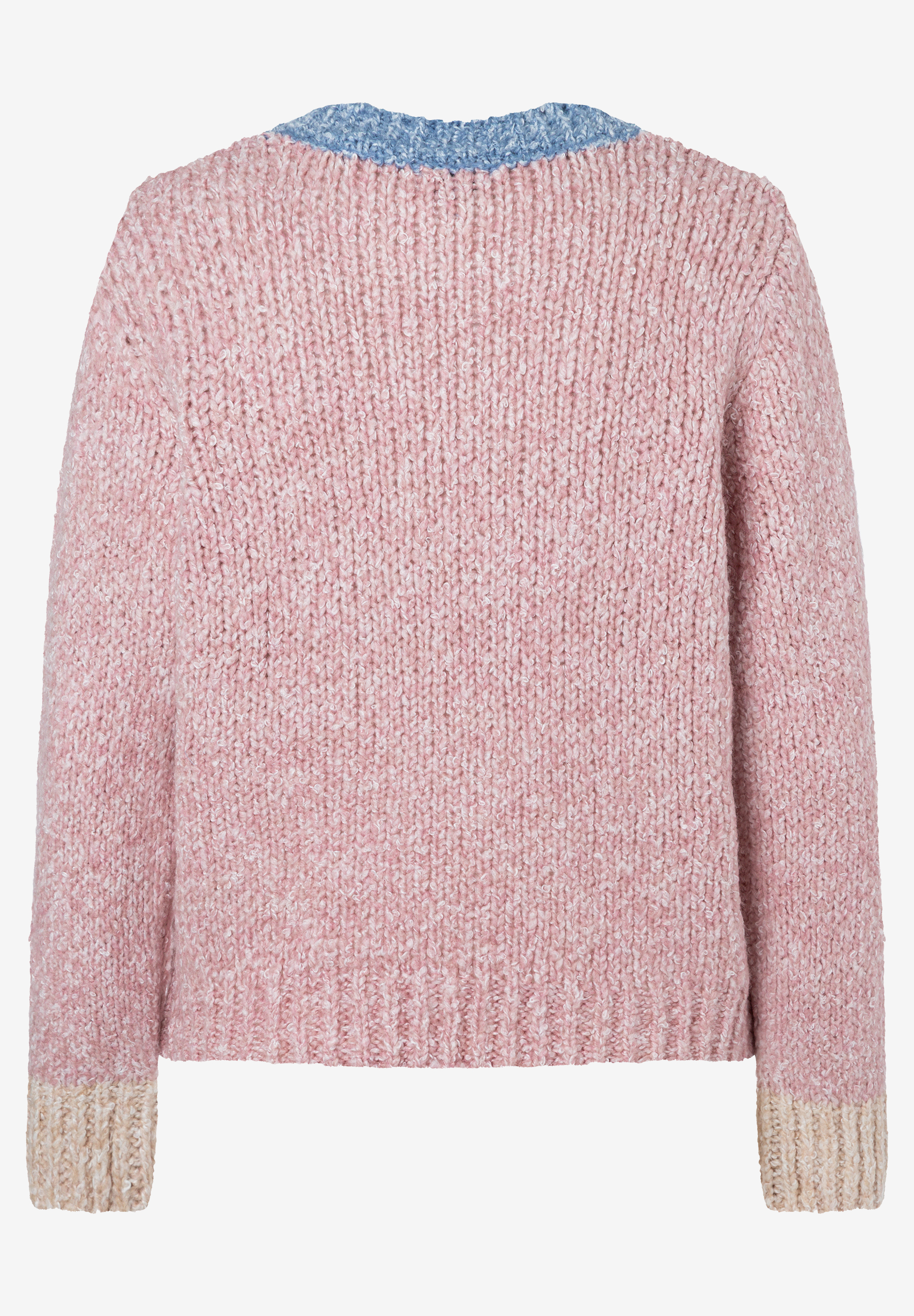 MORE & MORE Pullover: Rückansicht eines rosafarbenen Strickpullovers mit blauem Kragen und beigen Ärmelbündchen.