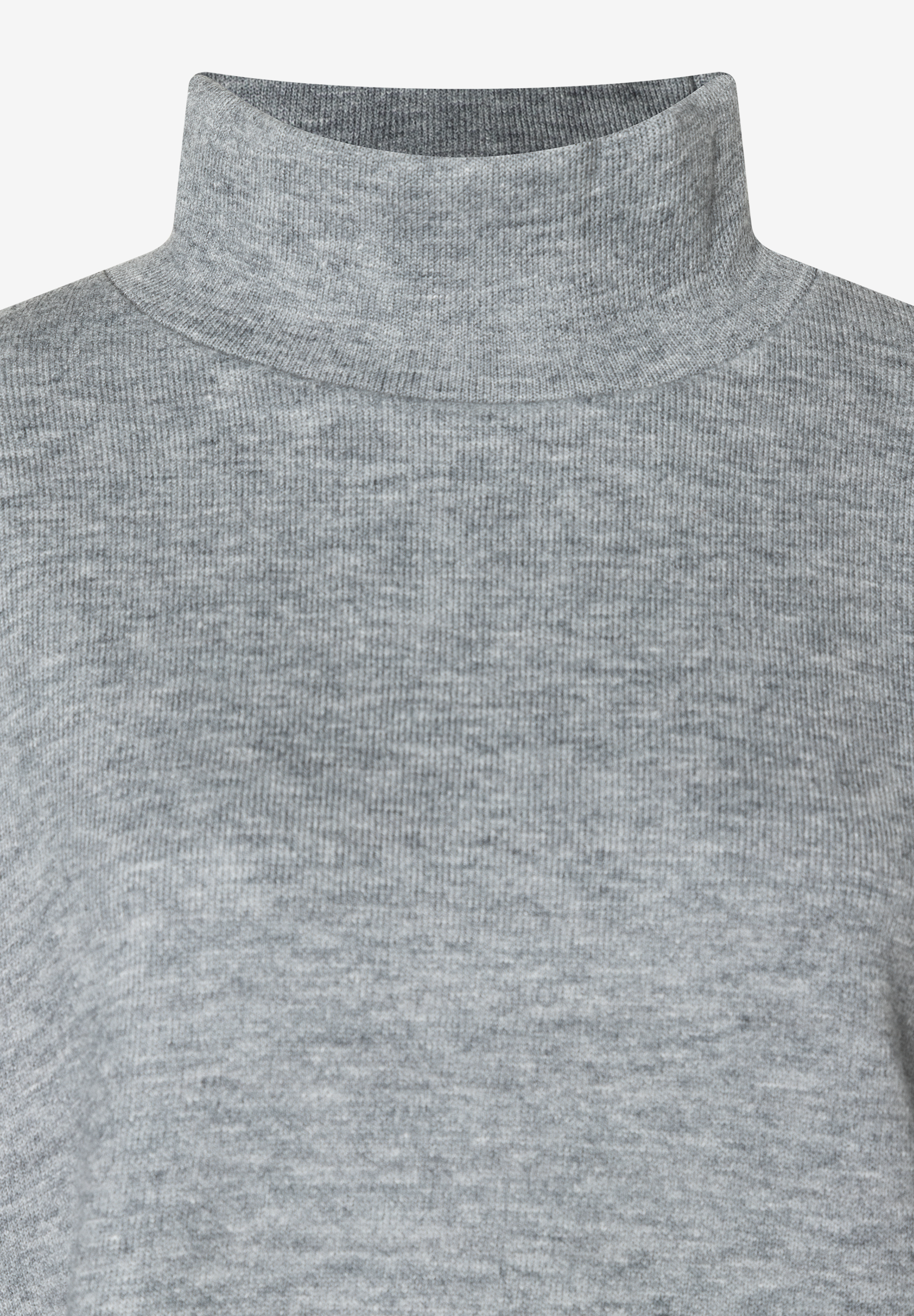 Nahaufnahme eines grauen MORE & MORE Jersey-Rollkragensweatshirts mit angenehmem Tragekomfort und weichem Griff. Nahaufnahme eines grauen MORE & MORE Jersey-Rollkragensweatshirts mit angenehmem Tragekomfort und weichem Griff.