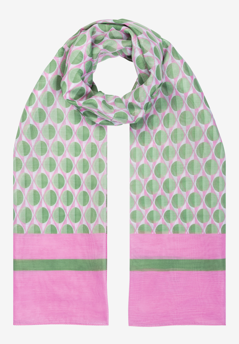 Ein Accessoire von MORE & MORE: Ein Schal mit Kreismuster in Grün und Rosa, das ineinander übergeht. Ein Accessoire von MORE & MORE: Ein Schal mit Kreismuster in Grün und Rosa, das ineinander übergeht.