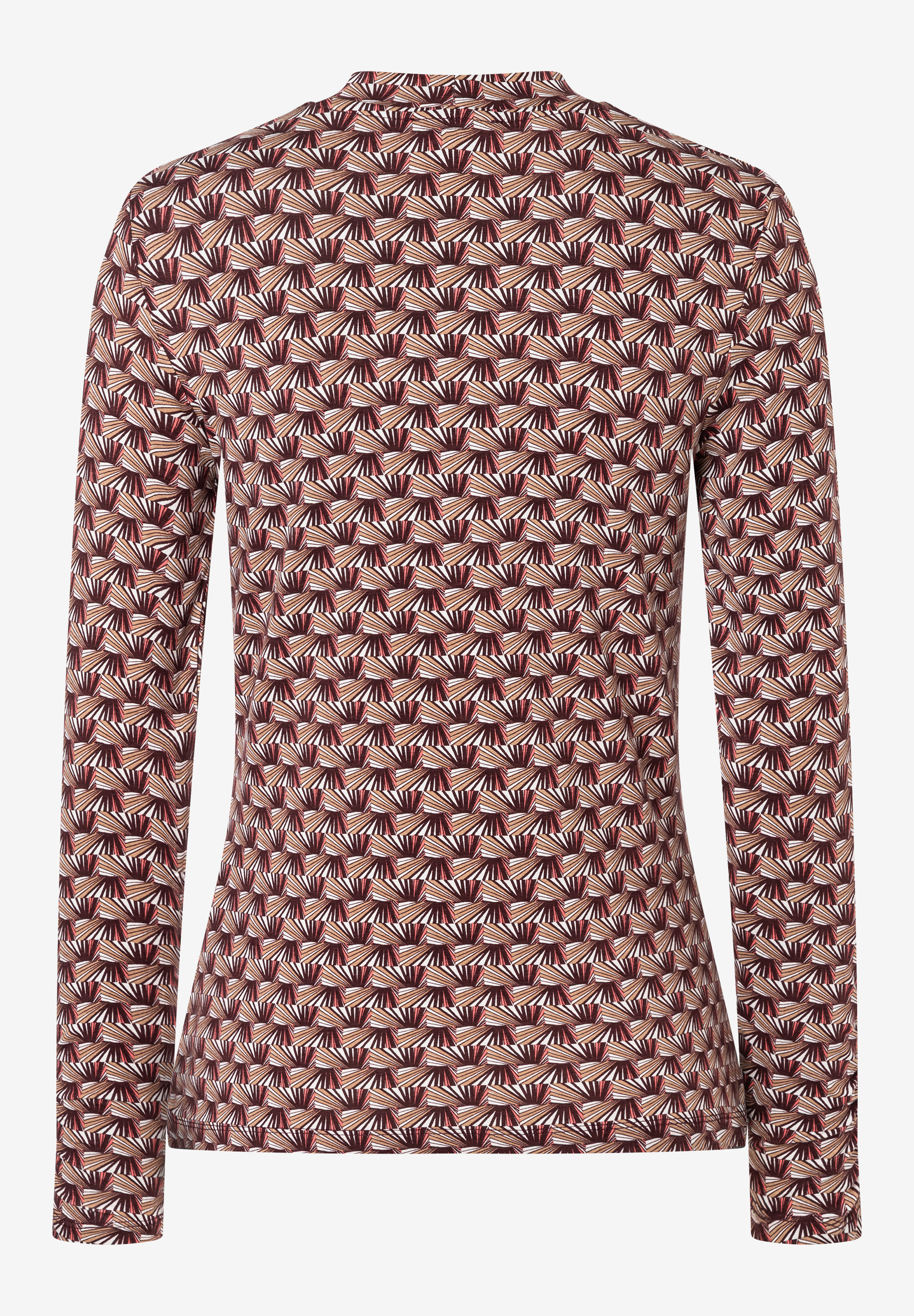Ein MORE & MORE Oberteil mit einem grafischen Muster in Braun-, Rot- und Weißtönen. Lange Ärmel und ein hoher Kragen. Ein MORE & MORE Oberteil mit einem grafischen Muster in Braun-, Rot- und Weißtönen. Lange Ärmel und ein hoher Kragen.