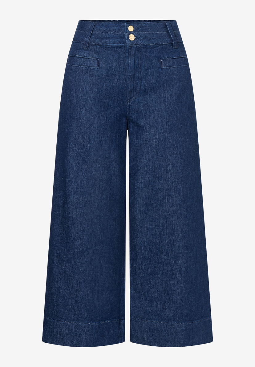 Eine MORE & MORE Hose/Jeans in dunklem Denim mit weitem Bein und zwei goldenen Knöpfen am Bund. Eine MORE & MORE Hose/Jeans in dunklem Denim mit weitem Bein und zwei goldenen Knöpfen am Bund.
