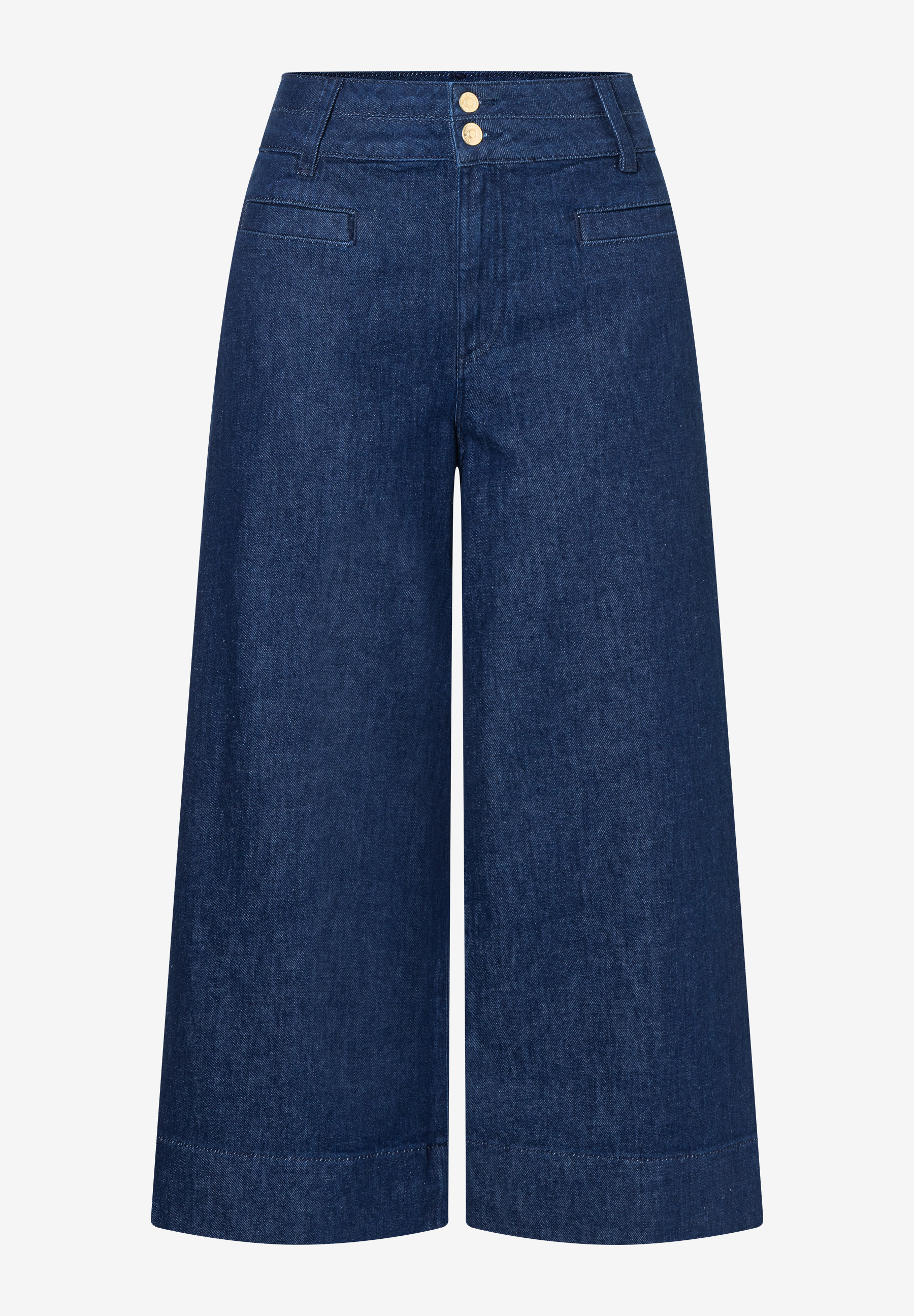 Eine MORE & MORE Hose/Jeans in dunklem Denim mit weitem Bein und zwei goldenen Knöpfen am Bund. Eine MORE & MORE Hose/Jeans in dunklem Denim mit weitem Bein und zwei goldenen Knöpfen am Bund.