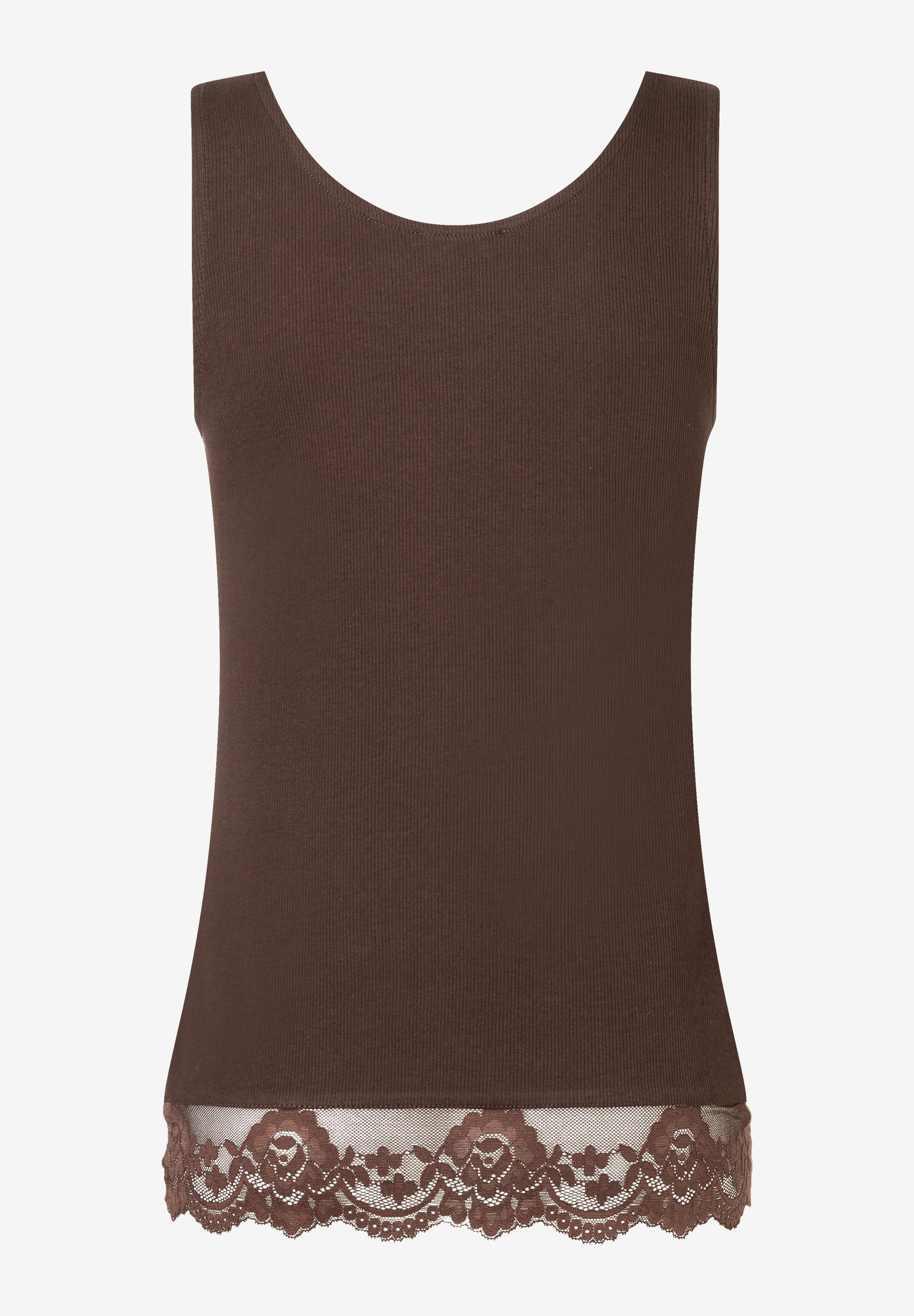 MORE & MORE Ripp-Tanktop aus Baumwolle in Dunkelbraun mit V-Ausschnitt, Trägern und Rüschensaum.