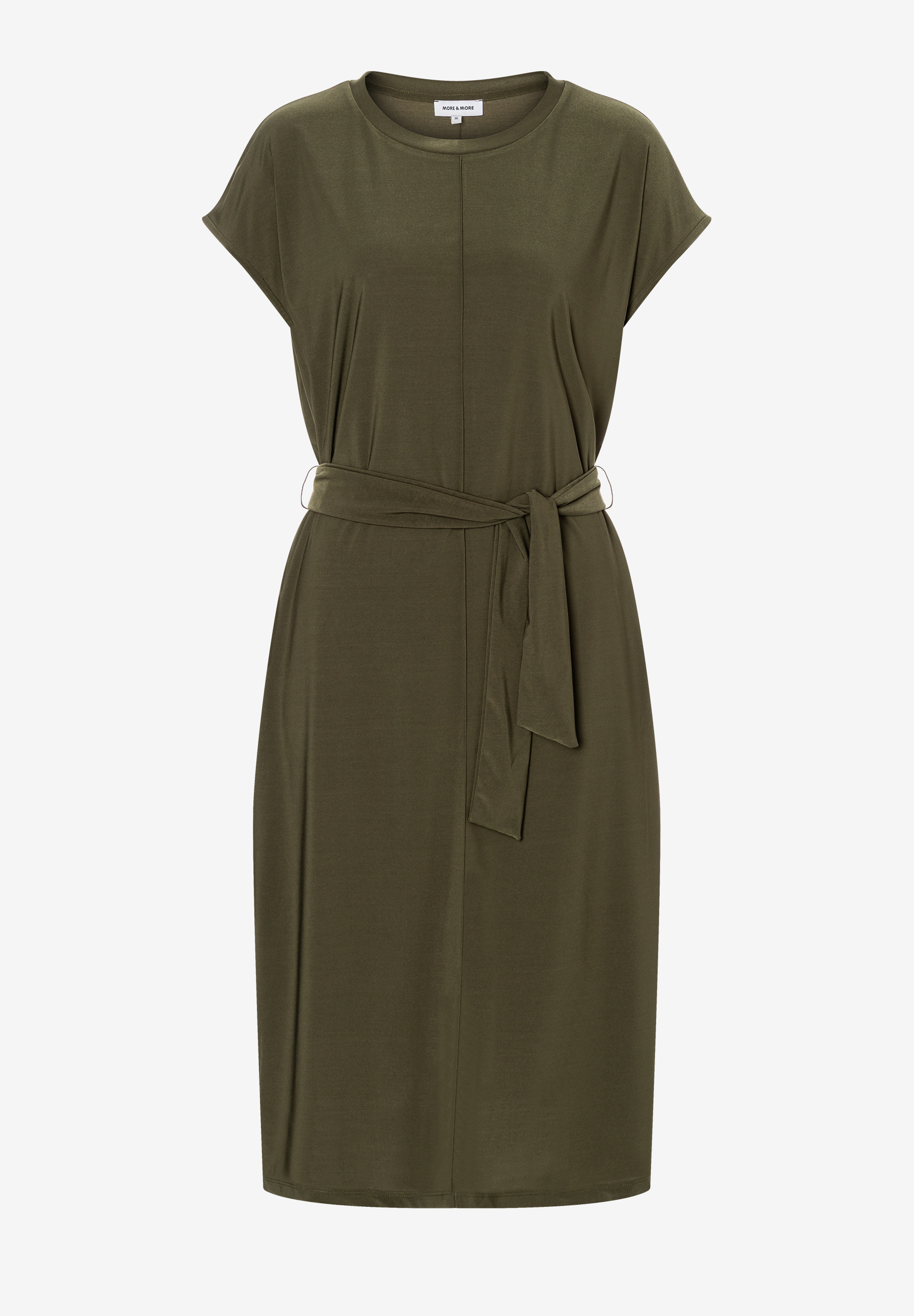MORE & MORE Damen-Kleid in Olivgrün, knielang, mit Bindegürtel und überschnittenen Ärmeln MORE & MORE Damen-Kleid in Olivgrün, knielang, mit Bindegürtel und überschnittenen Ärmeln