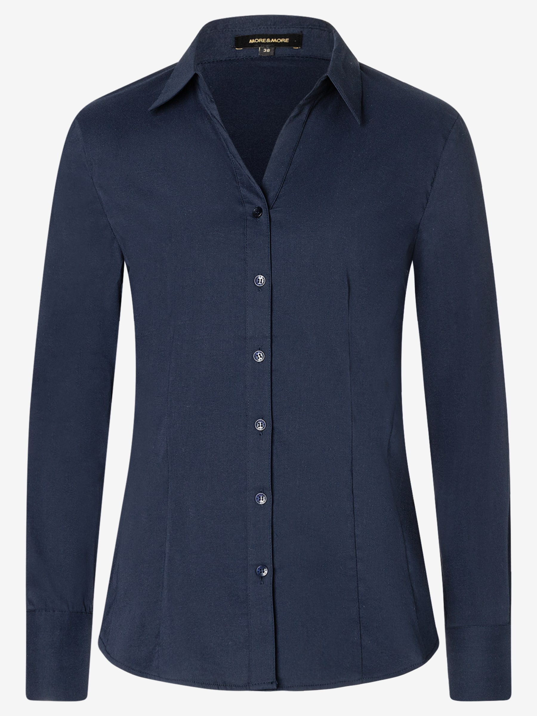 Eine marineblaue Bluse von MORE & MORE aus Baumwollmischung mit Stretch und durchgehender Knopfleiste. Eine marineblaue Bluse von MORE & MORE aus Baumwollmischung mit Stretch und durchgehender Knopfleiste.