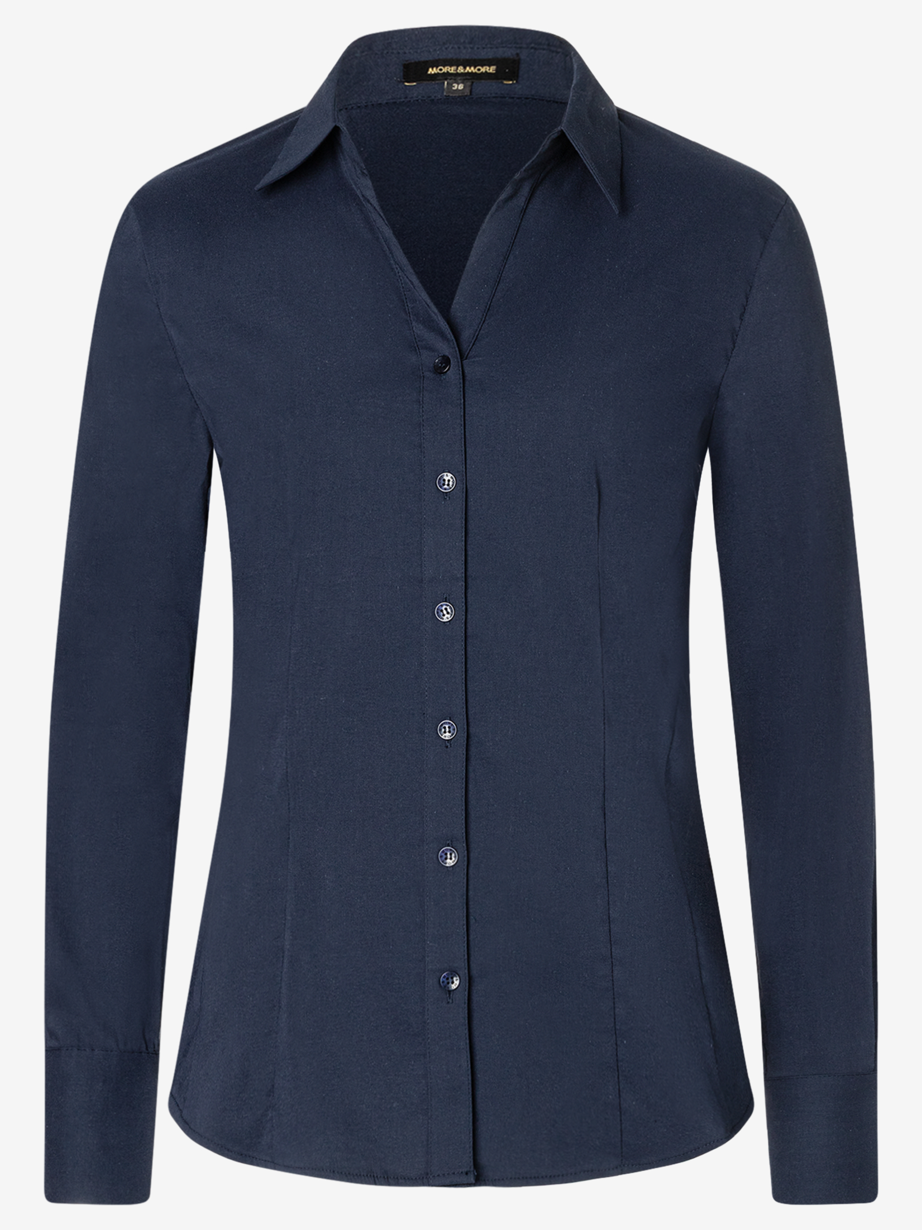 Eine marineblaue Bluse von MORE & MORE aus Baumwollmischung mit Stretch und durchgehender Knopfleiste. Eine marineblaue Bluse von MORE & MORE aus Baumwollmischung mit Stretch und durchgehender Knopfleiste.