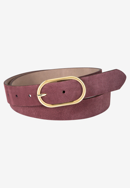 MORE & MORE Damen-Accessoire: Burgunderroter Wildledergürtel mit goldener, ovaler Schnalle, auf hellgrauem Hintergrund.