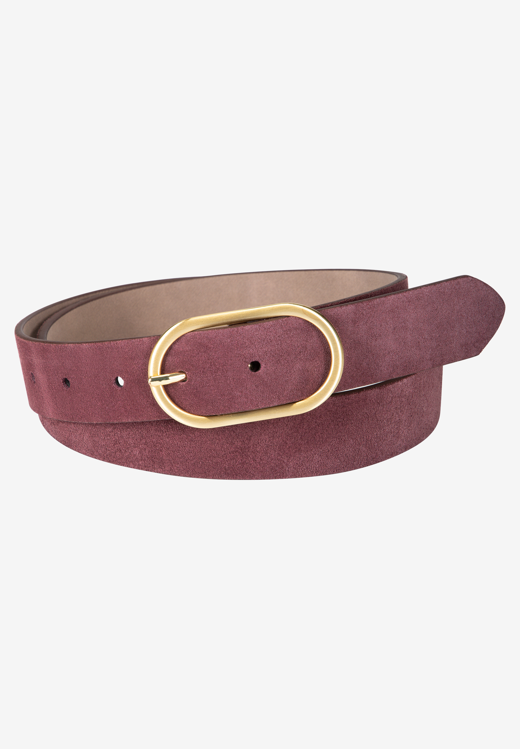 MORE & MORE Damen-Accessoire: Burgunderroter Wildledergürtel mit goldener, ovaler Schnalle, auf hellgrauem Hintergrund.