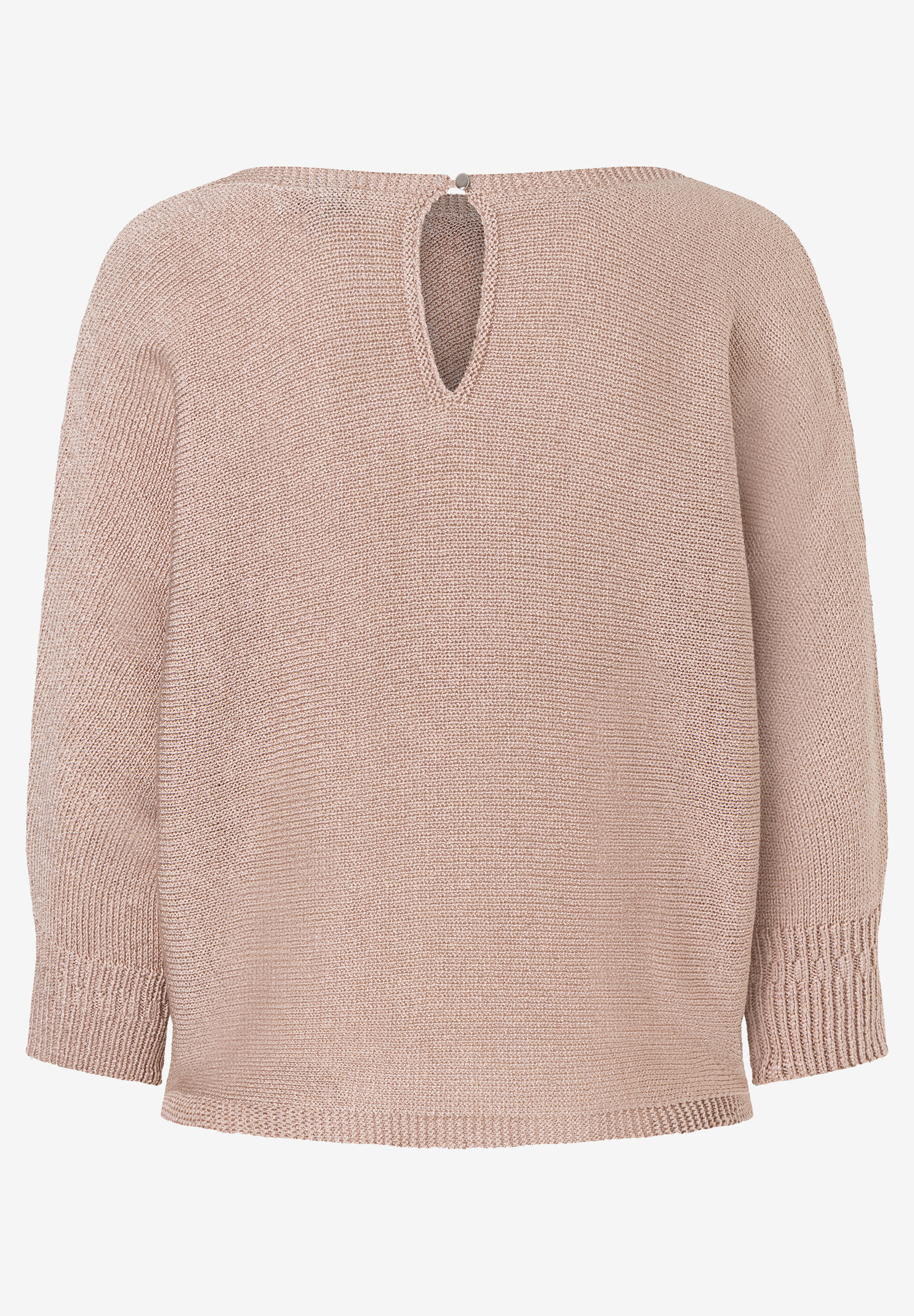 Ein rosafarbener Strickpullover von MORE & MORE mit Rundhalsausschnitt und Knopfverschluss auf der Rückseite. Ein rosafarbener Strickpullover von MORE & MORE mit Rundhalsausschnitt und Knopfverschluss auf der Rückseite.