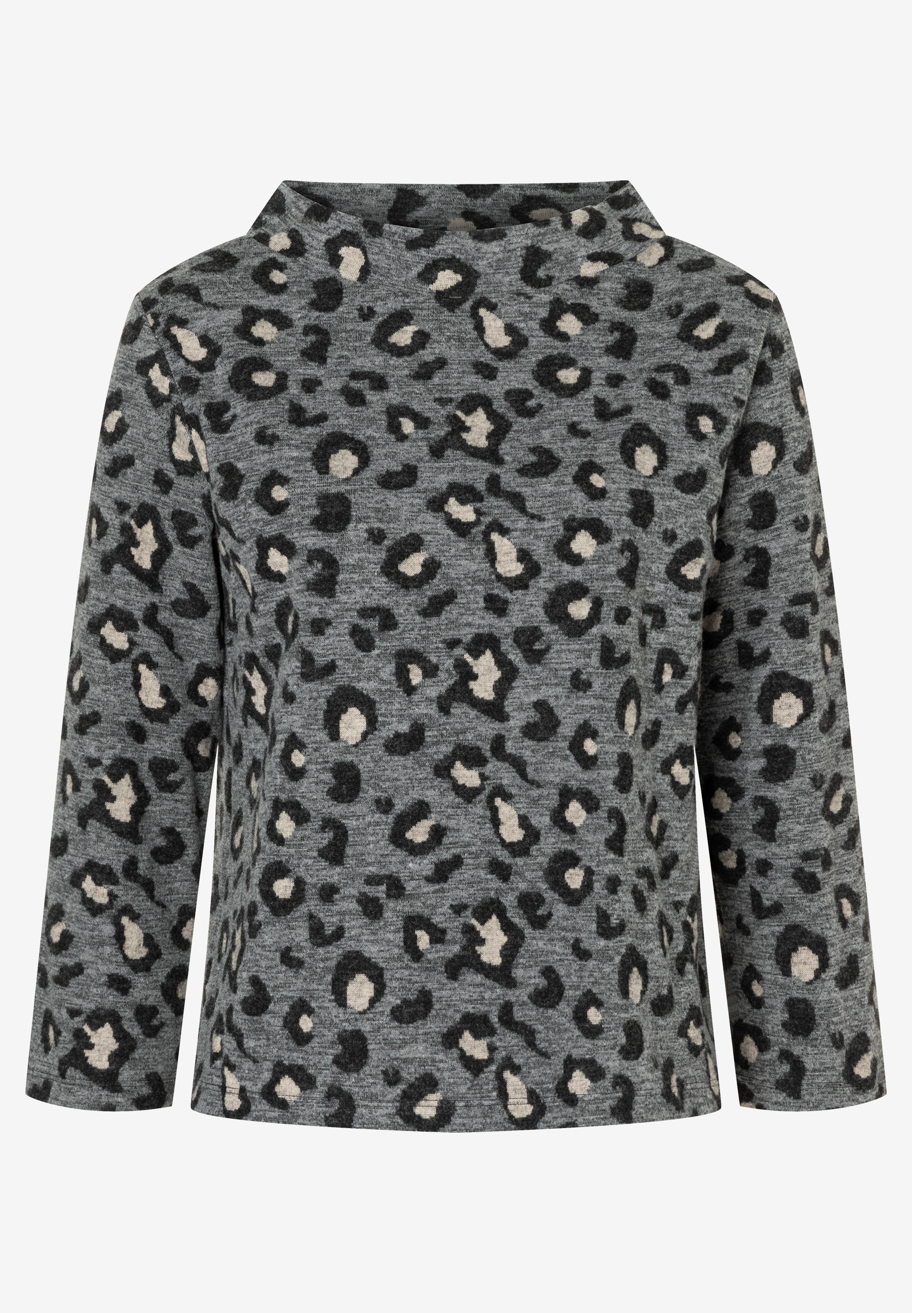 Ein graues MORE & MORE Sweatshirt mit Leopardenmuster und Dreiviertelärmeln. Ein graues MORE & MORE Sweatshirt mit Leopardenmuster und Dreiviertelärmeln.
