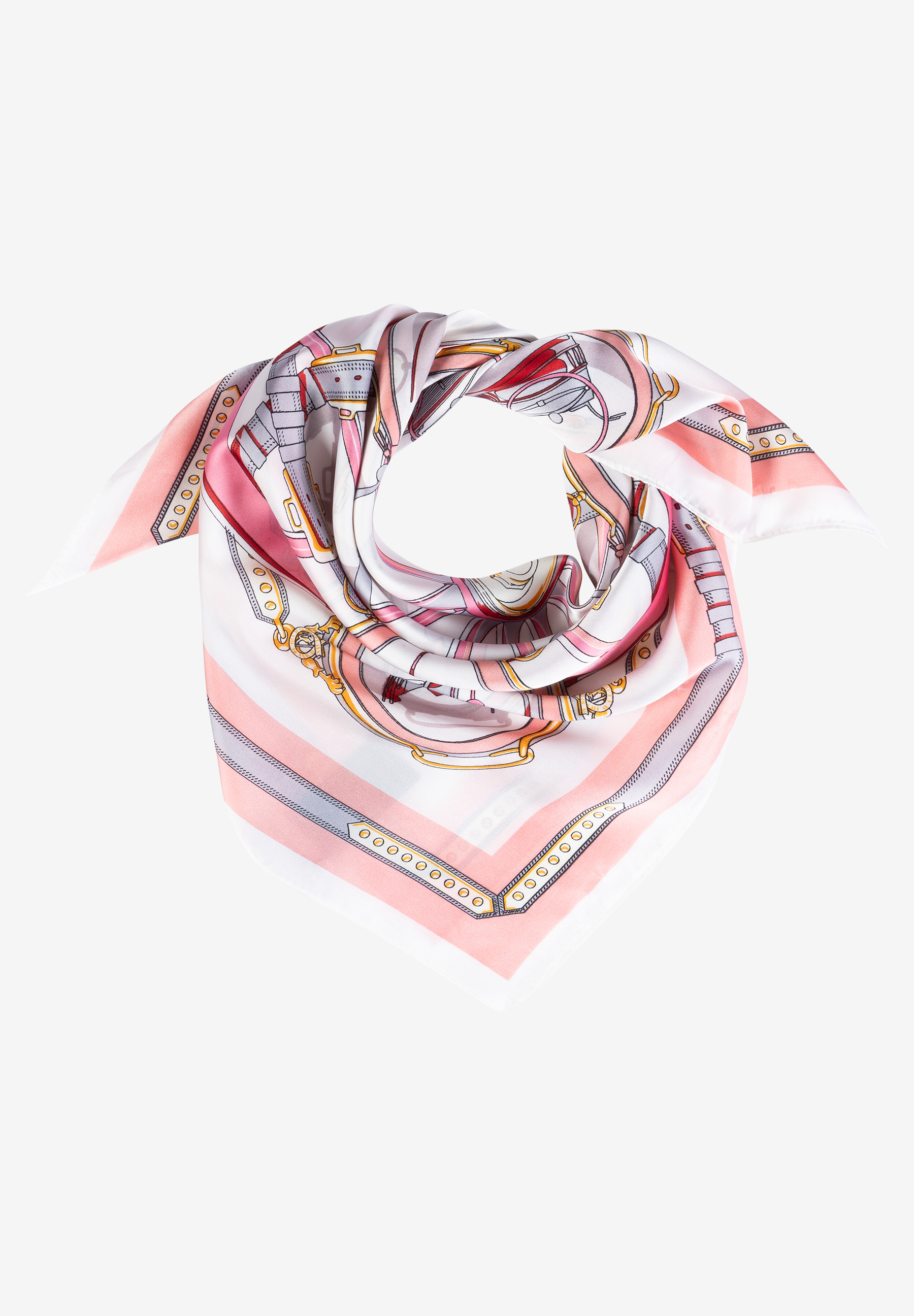 MORE & MORE Accessoire: Pinker Schal mit detailreichen Schnallenmustern auf weißem Hintergrund, geschickt geknotet.