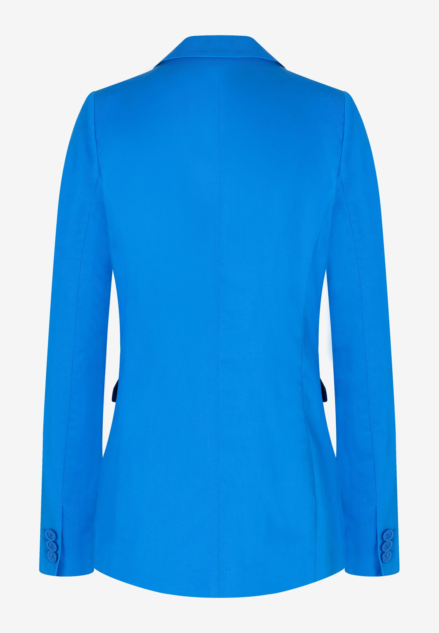 Die Rückseite eines blauen Damenblazers von MORE & MORE ist zu sehen. Die Rückseite eines blauen Damenblazers von MORE & MORE ist zu sehen.
