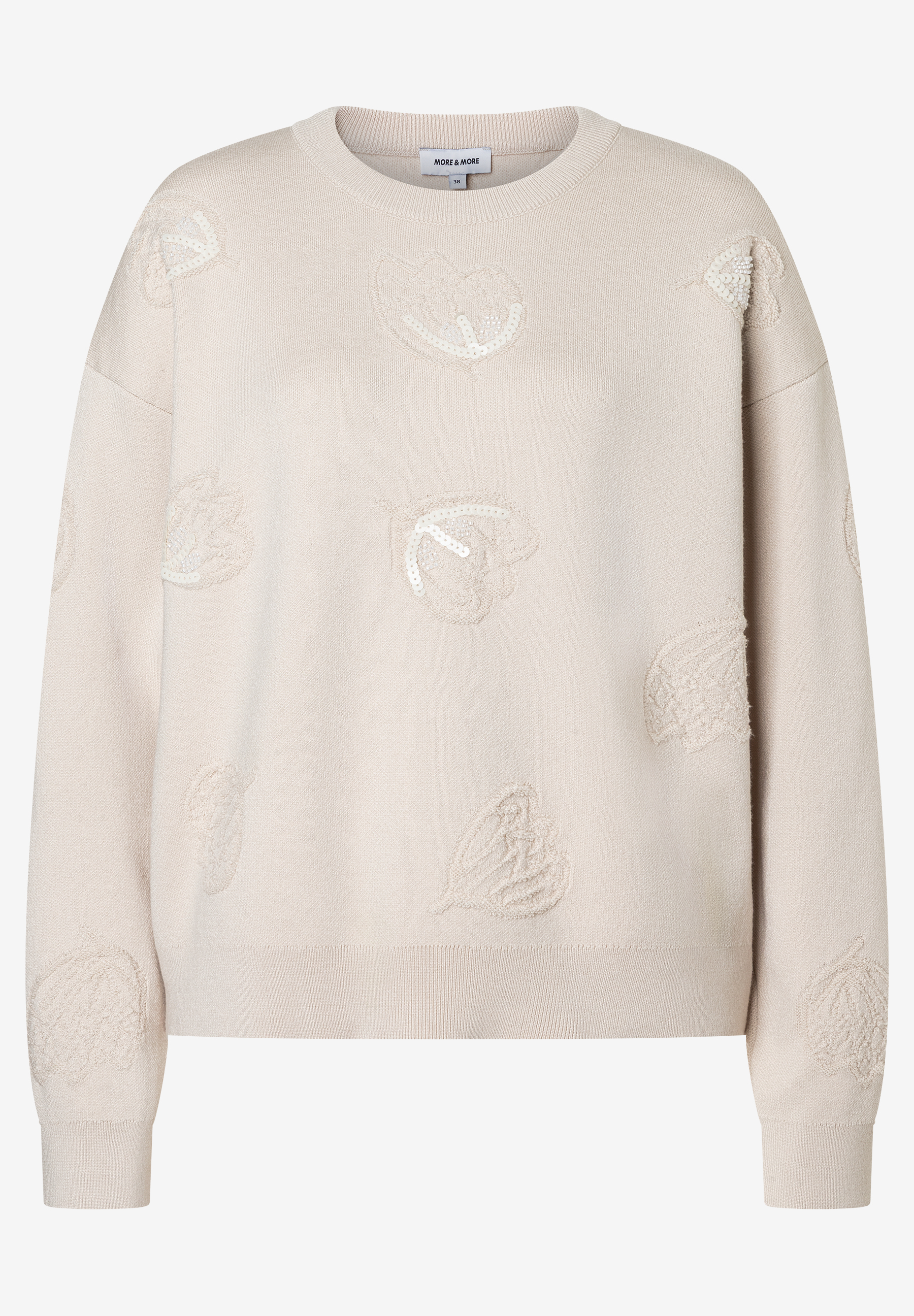 Ein MORE & MORE Strickpullover in Creme mit Blattmotiven und Pailletten. Lässiger Stil, Rundhalsausschnitt.