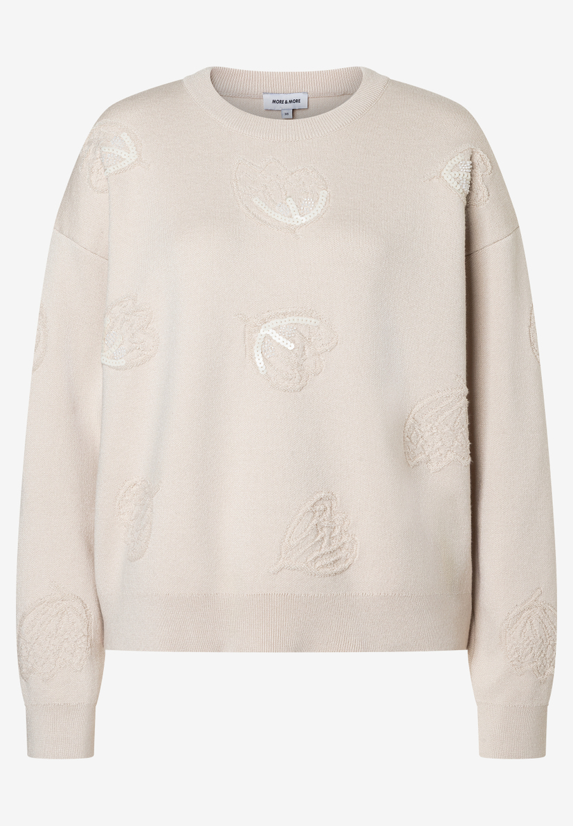 Ein MORE & MORE Strickpullover in Creme mit Blattmotiven und Pailletten. Lässiger Stil, Rundhalsausschnitt. Ein MORE & MORE Strickpullover in Creme mit Blattmotiven und Pailletten. Lässiger Stil, Rundhalsausschnitt.