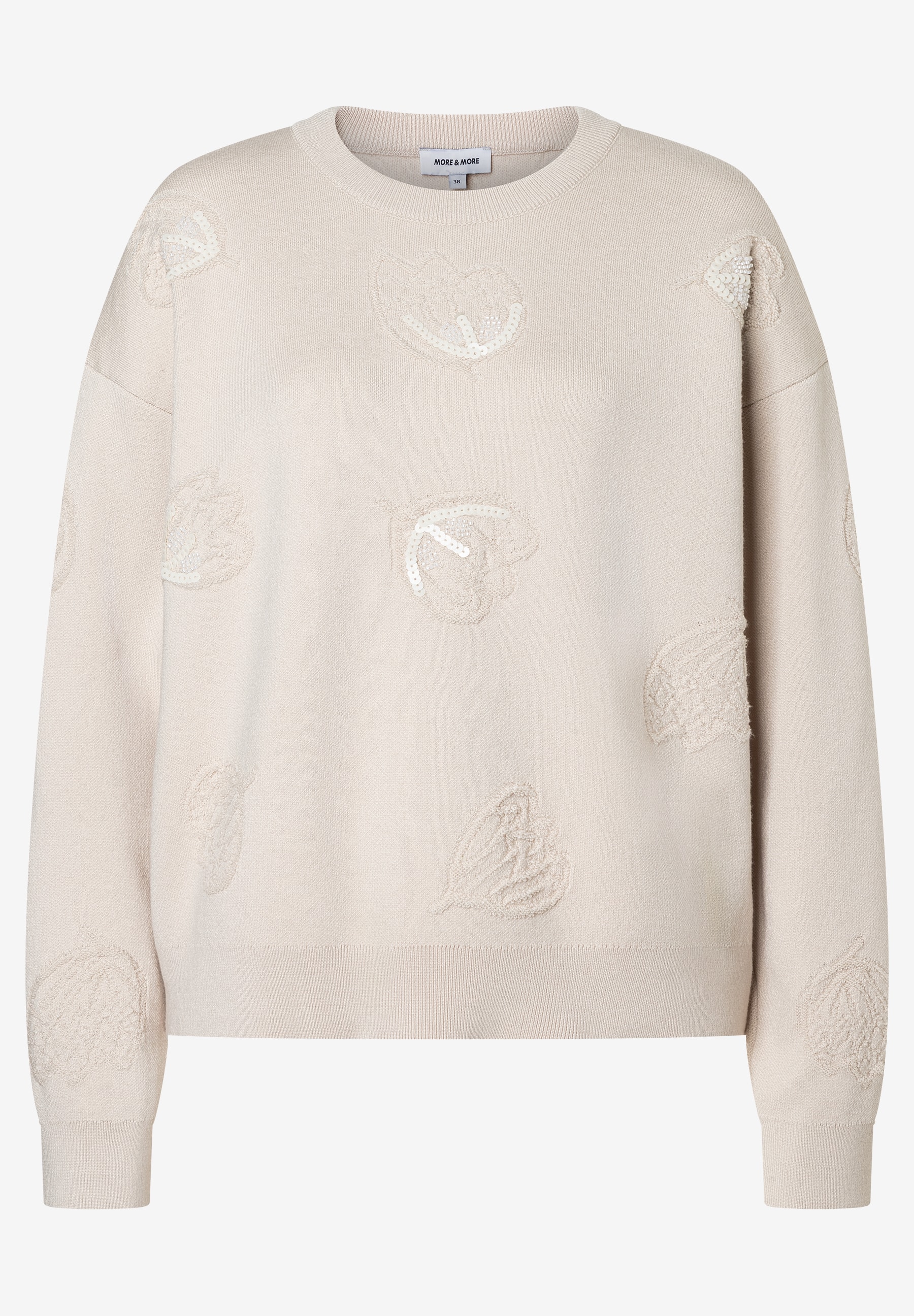 Ein MORE & MORE Strickpullover in Creme mit Blattmotiven und Pailletten. Lässiger Stil, Rundhalsausschnitt.