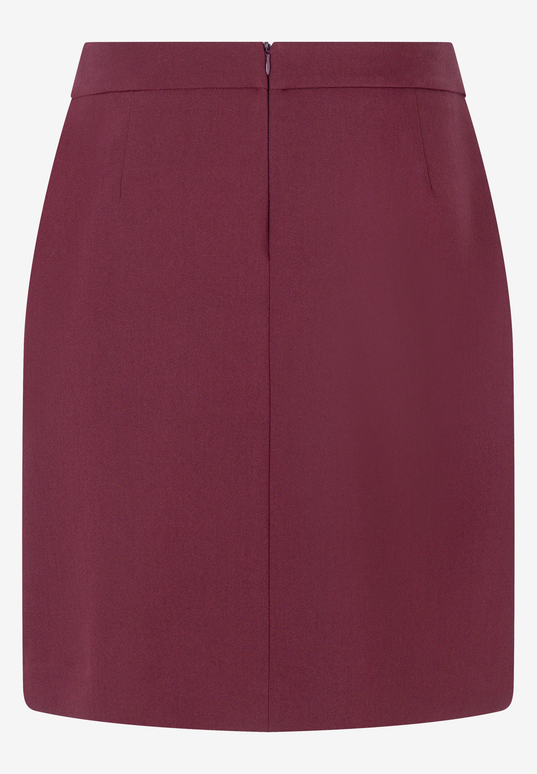 MORE & MORE Minirock in Bordeauxrot mit Reißverschluss hinten. Blick auf die Rückseite des Rocks auf weißem Hintergrund. MORE & MORE Minirock in Bordeauxrot mit Reißverschluss hinten. Blick auf die Rückseite des Rocks auf weißem Hintergrund.