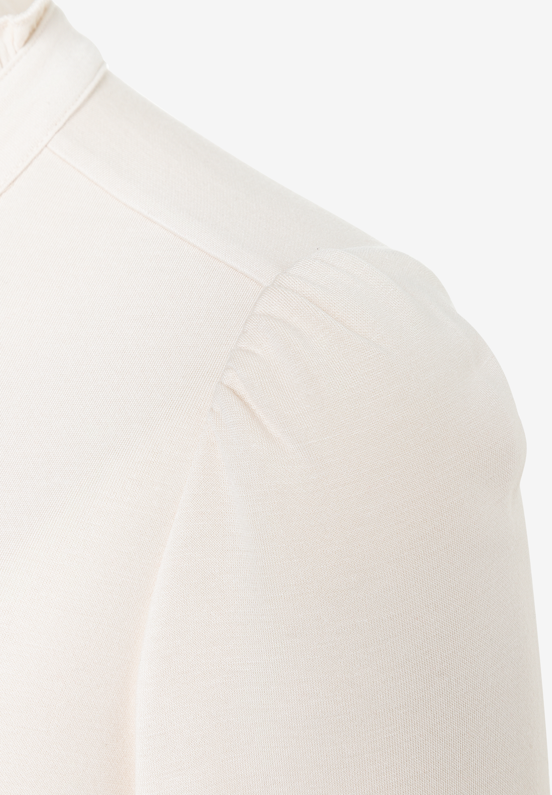 MORE & MORE Oberteil: Beige Bluse mit Rüschenkragen und gerafften Schultern MORE & MORE Oberteil: Beige Bluse mit Rüschenkragen und gerafften Schultern