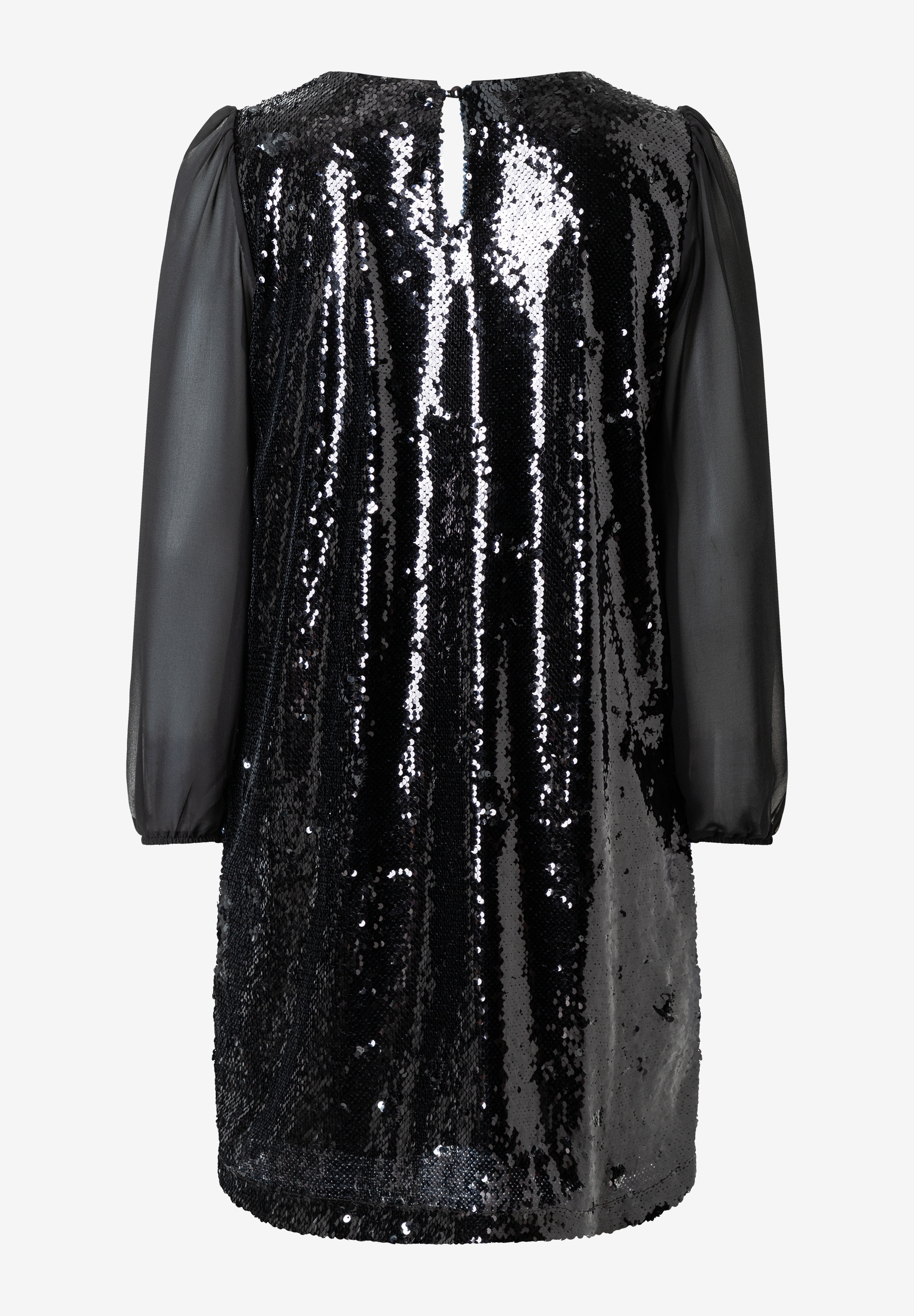 Ein schwarzes Pailletten-Kleid von MORE & MORE mit langen, transparenten Ärmeln. Ein schwarzes Pailletten-Kleid von MORE & MORE mit langen, transparenten Ärmeln.