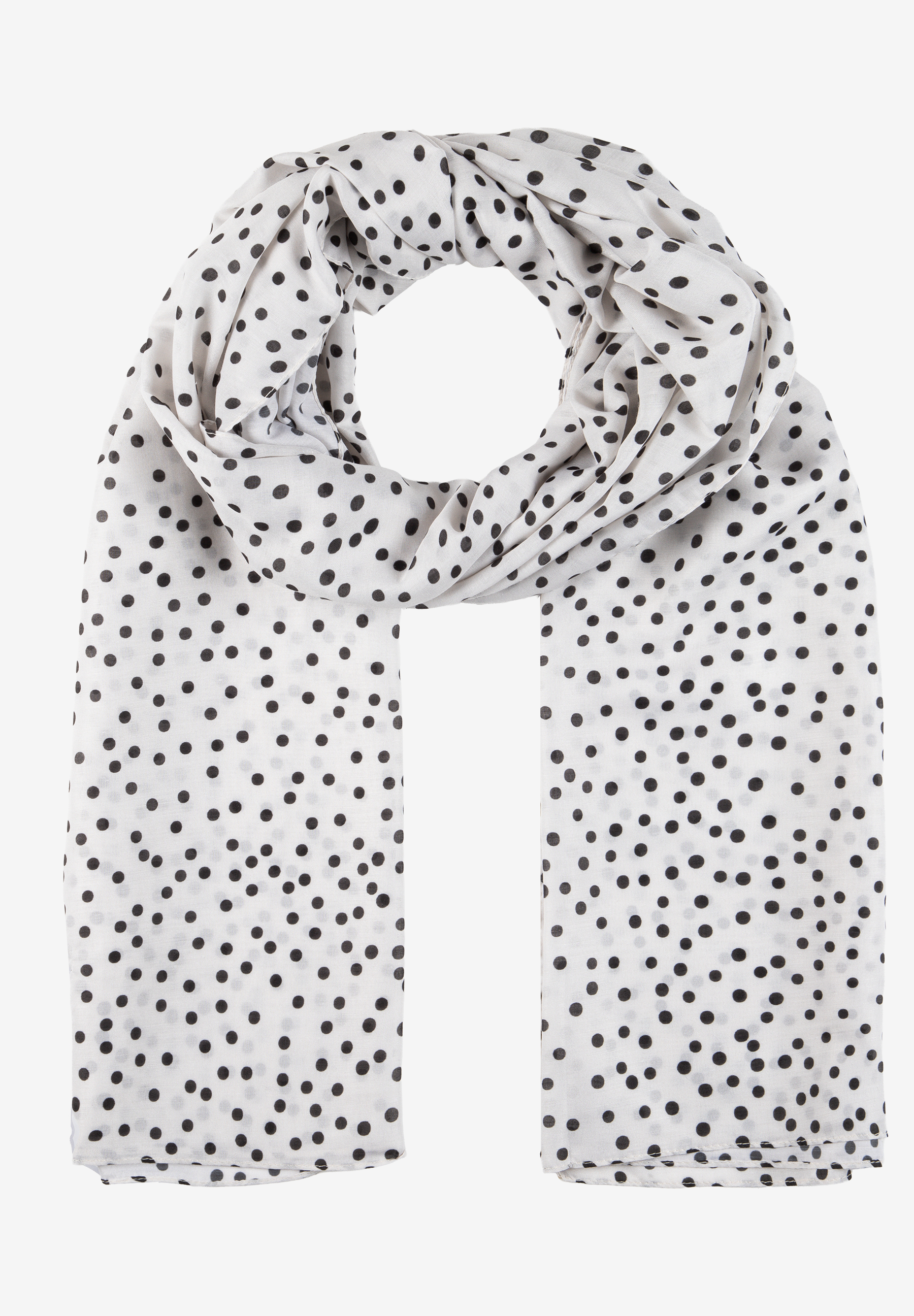 MORE & MORE Accessoire: Weißer Schal mit schwarzen Punkten, elegant drapiert auf weißem Hintergrund.