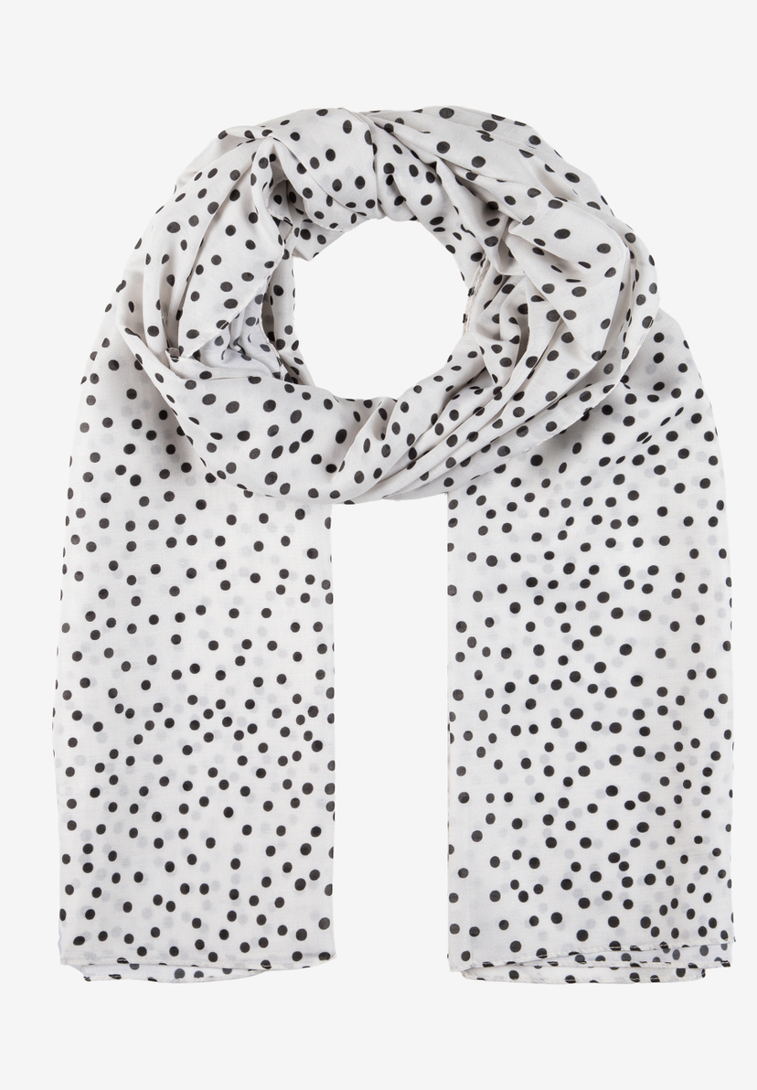 MORE & MORE Accessoire: Weißer Schal mit schwarzen Punkten, elegant drapiert auf weißem Hintergrund.