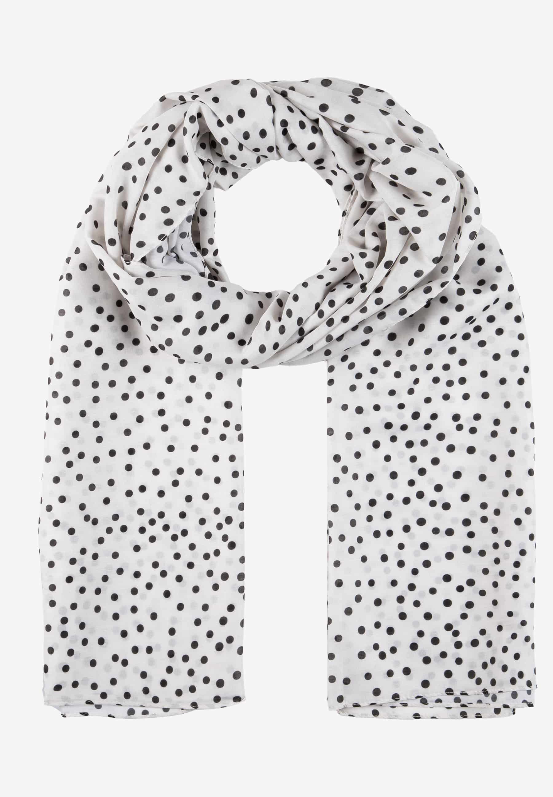 MORE & MORE Accessoire: Weißer Schal mit schwarzen Punkten, elegant drapiert auf weißem Hintergrund.