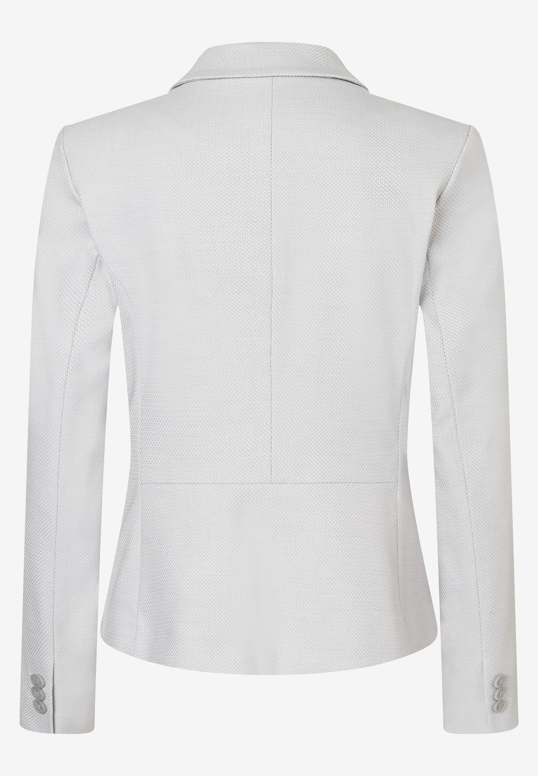 Die Rückansicht eines taillierten, hellgrauen MORE & MORE Blazers mit Stretch-Piqué und Knöpfen an den Ärmeln. Die Rückansicht eines taillierten, hellgrauen MORE & MORE Blazers mit Stretch-Piqué und Knöpfen an den Ärmeln.