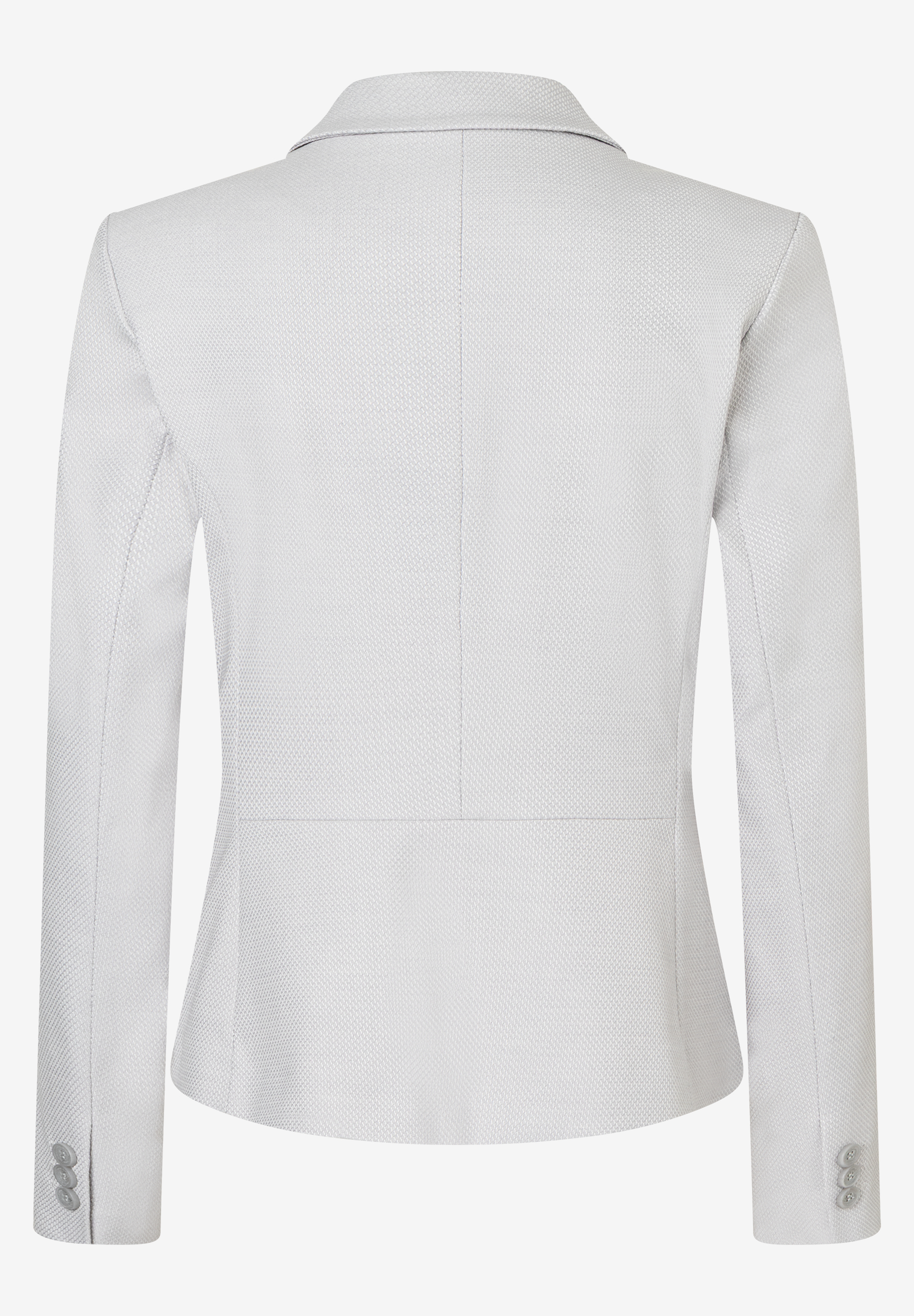 Die Rückansicht eines taillierten, hellgrauen MORE & MORE Blazers mit Stretch-Piqué und Knöpfen an den Ärmeln. Die Rückansicht eines taillierten, hellgrauen MORE & MORE Blazers mit Stretch-Piqué und Knöpfen an den Ärmeln.