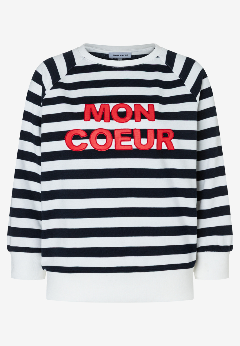 Gestreifter MORE & MORE-Sweatshirt-Pullover mit roter "Mon Coeur"-Aufschrift. Gestreifter MORE & MORE-Sweatshirt-Pullover mit roter "Mon Coeur"-Aufschrift.