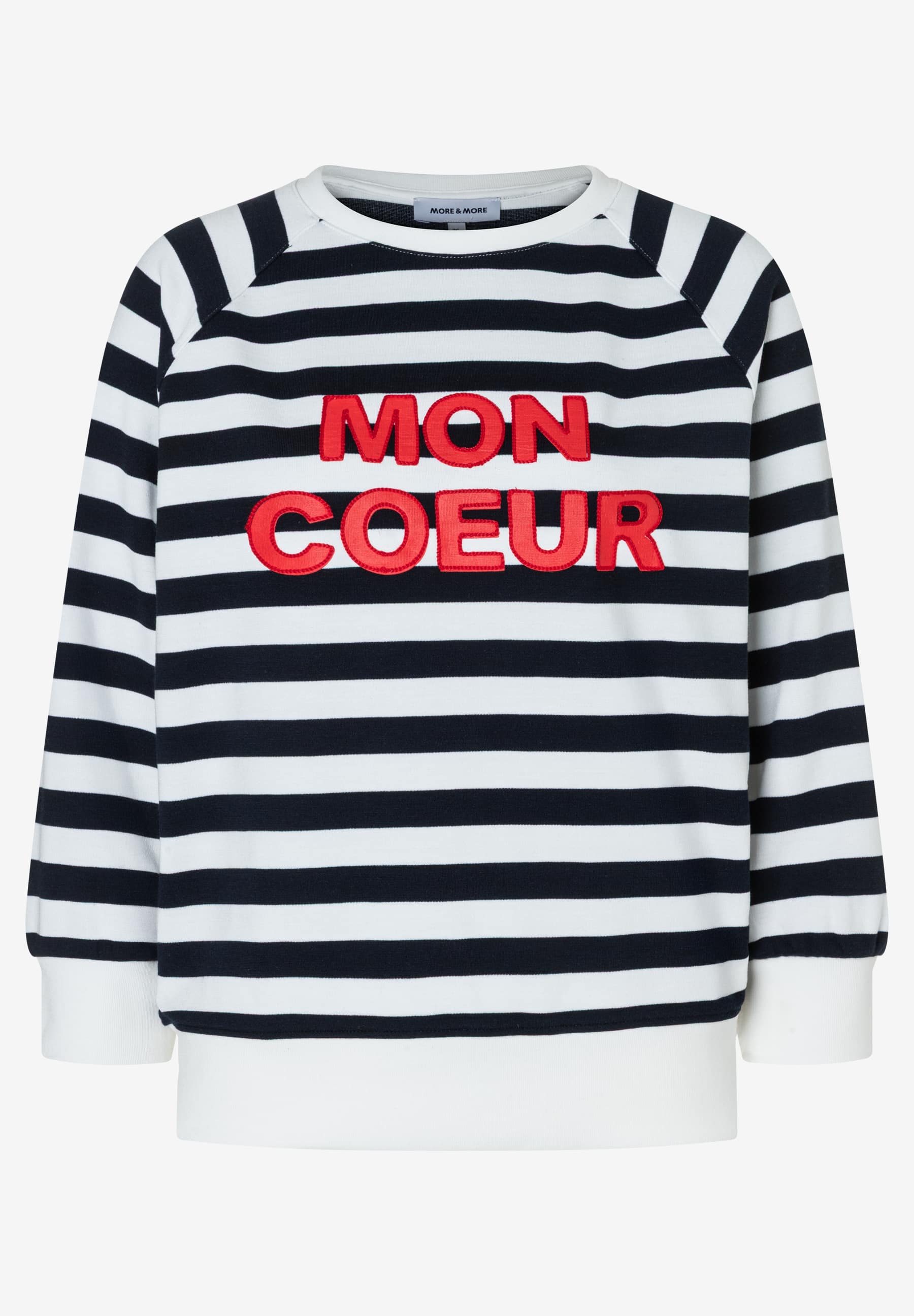 Gestreifter MORE & MORE-Sweatshirt-Pullover mit roter "Mon Coeur"-Aufschrift. Gestreifter MORE & MORE-Sweatshirt-Pullover mit roter "Mon Coeur"-Aufschrift.