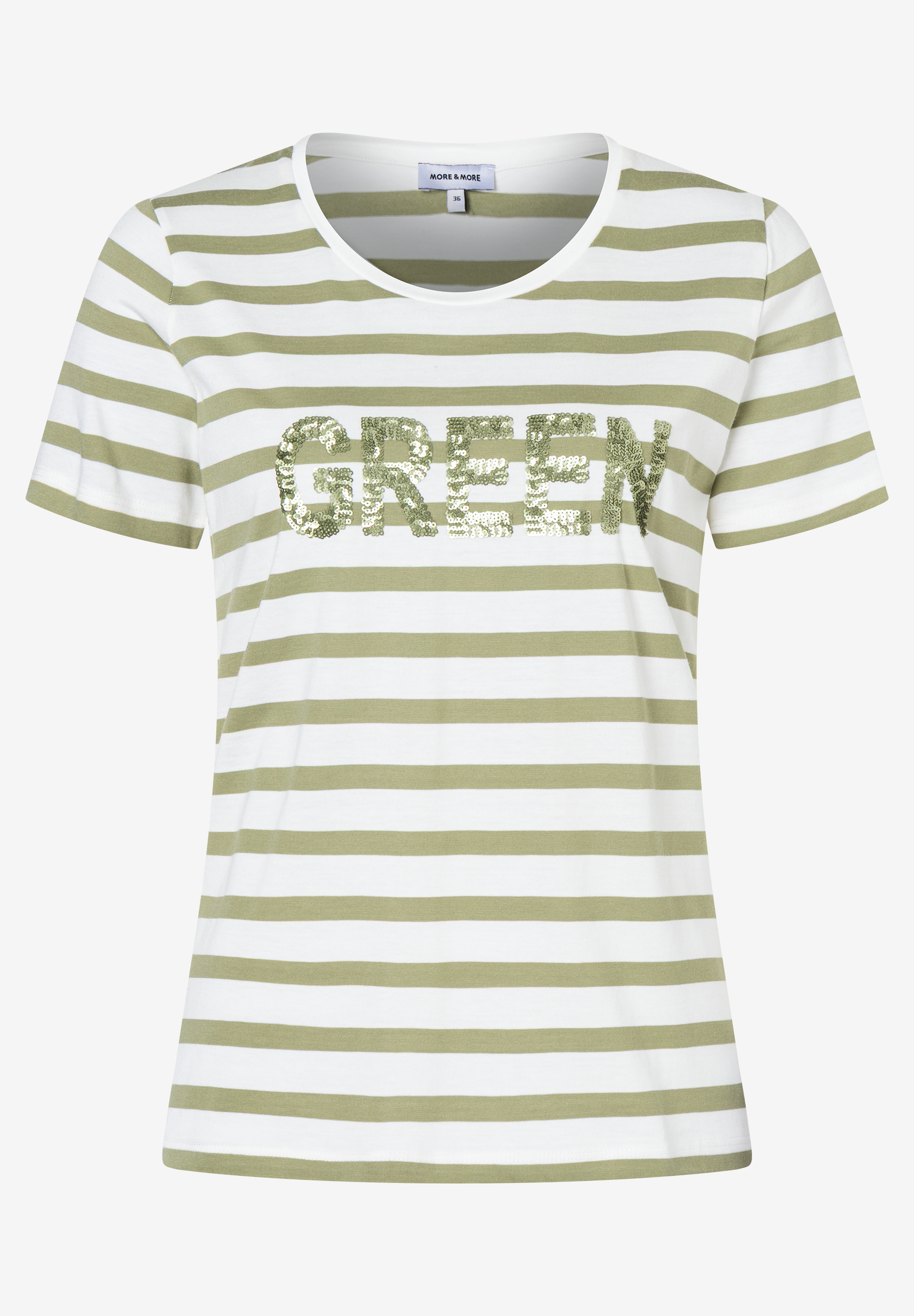 Ein gestreiftes MORE & MORE T-Shirt mit glitzerndem "GREEN" Schriftzug.
