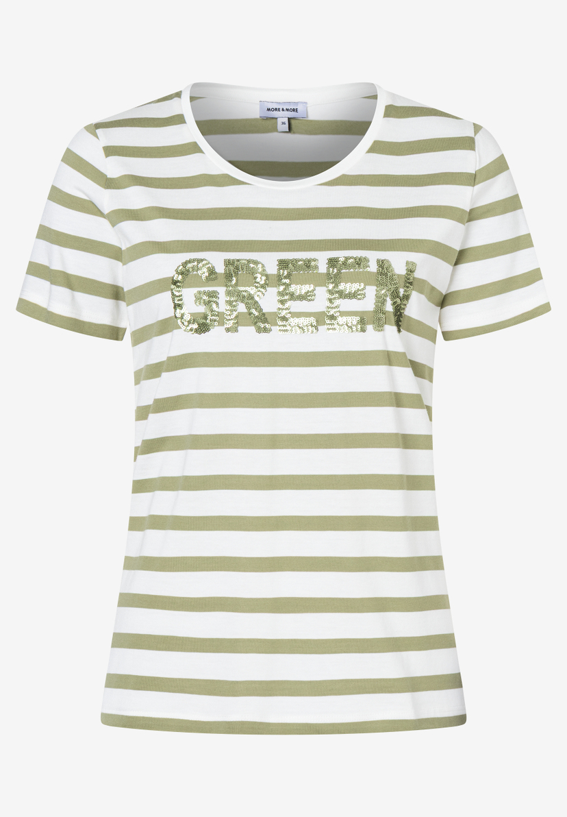 Ein gestreiftes MORE & MORE T-Shirt mit glitzerndem "GREEN" Schriftzug. Ein gestreiftes MORE & MORE T-Shirt mit glitzerndem "GREEN" Schriftzug.