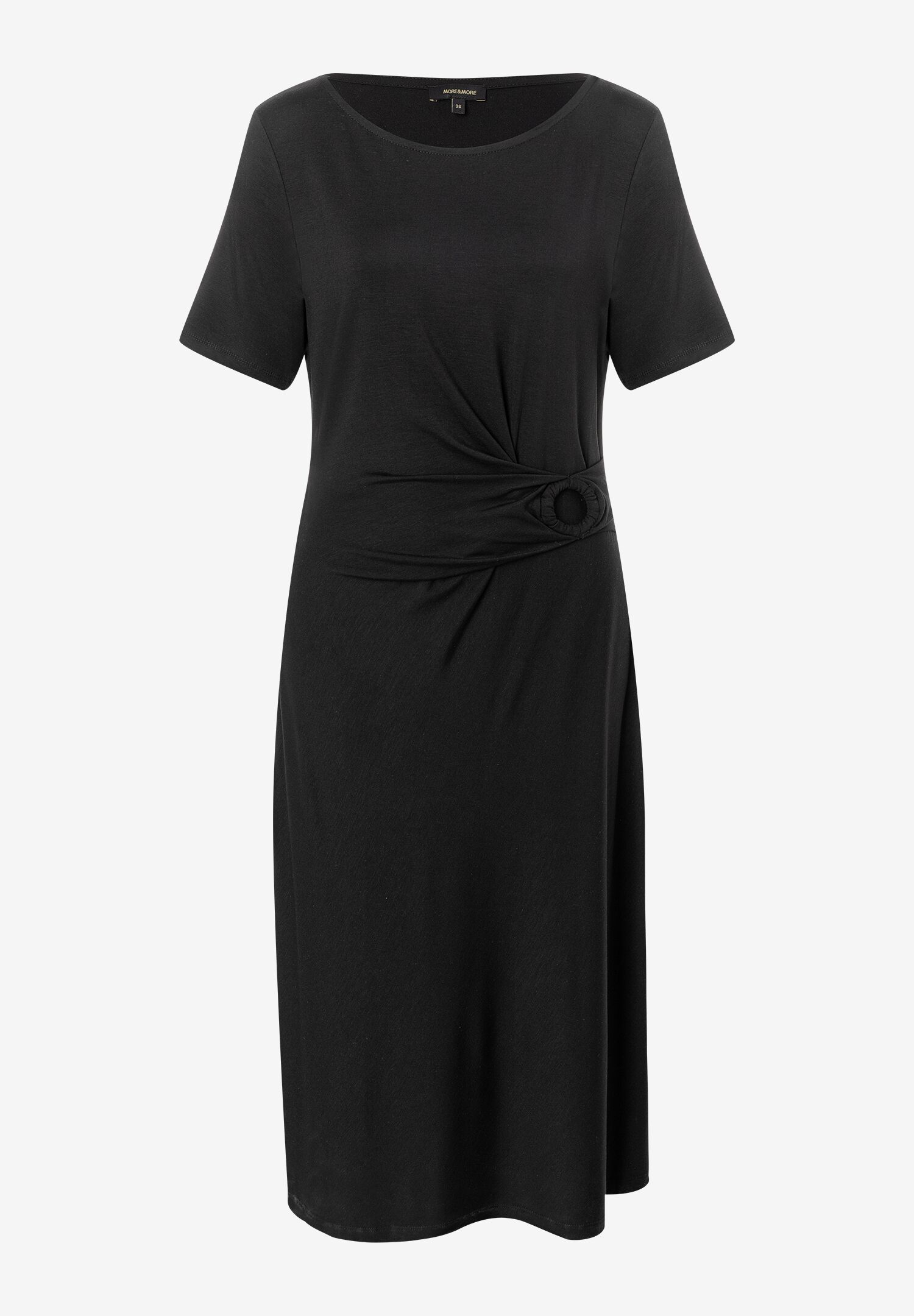 Schwarzes MORE & MORE Jersey-Kleid mit kurzen Ärmeln und Zierknoten. Schwarzes MORE & MORE Jersey-Kleid mit kurzen Ärmeln und Zierknoten.