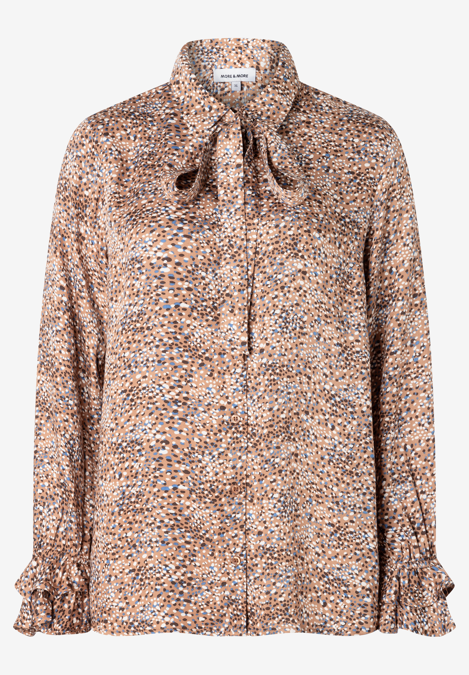 MORE & MORE Bluse mit braunem, blauem und weißem Punktmuster, Bubikragen und gerüschten Manschetten.