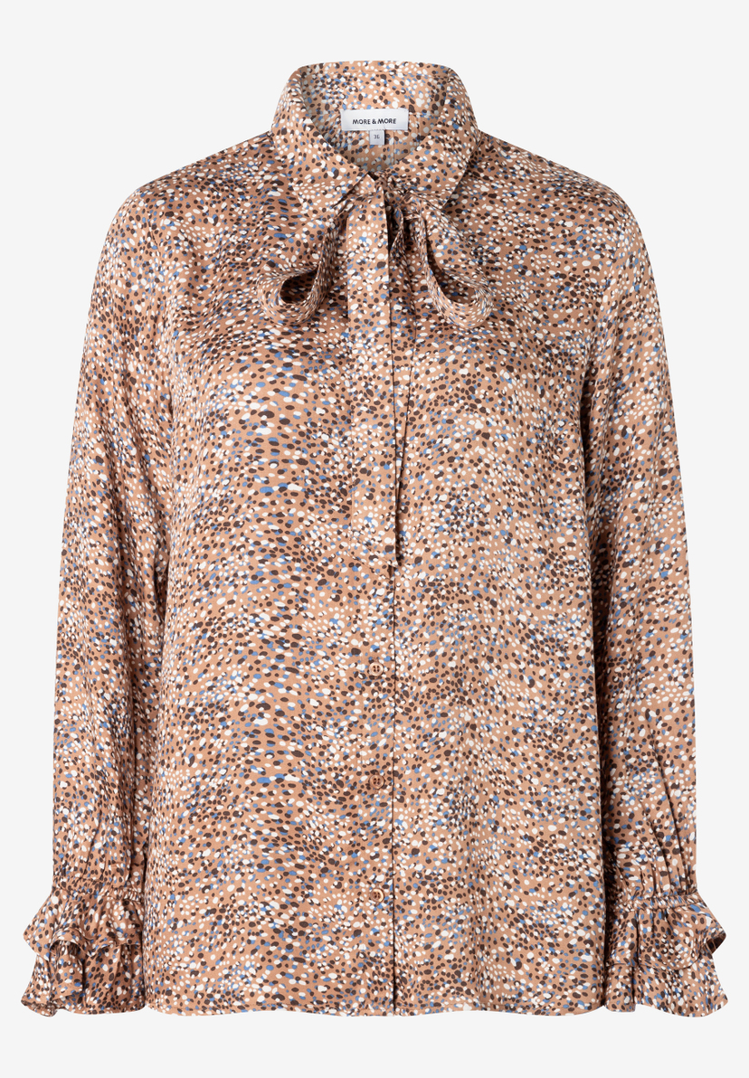 MORE & MORE Viskose-Bluse in Braun mit bunten Sprenkeln und Schleife am Kragen. Lange Ärmel mit Rüschen. MORE & MORE Viskose-Bluse in Braun mit bunten Sprenkeln und Schleife am Kragen. Lange Ärmel mit Rüschen.