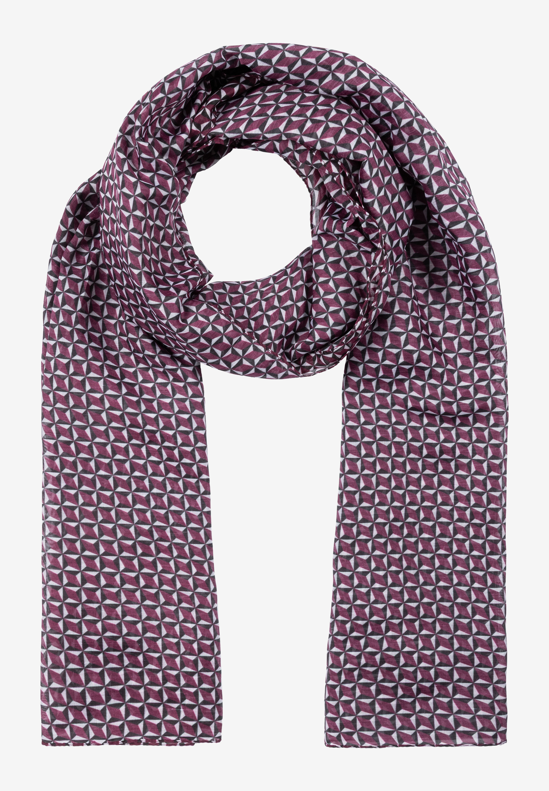 Ein MORE & MORE Accessoire: Ein Schal mit geometrischem Muster in Lila, Schwarz und Weiß.