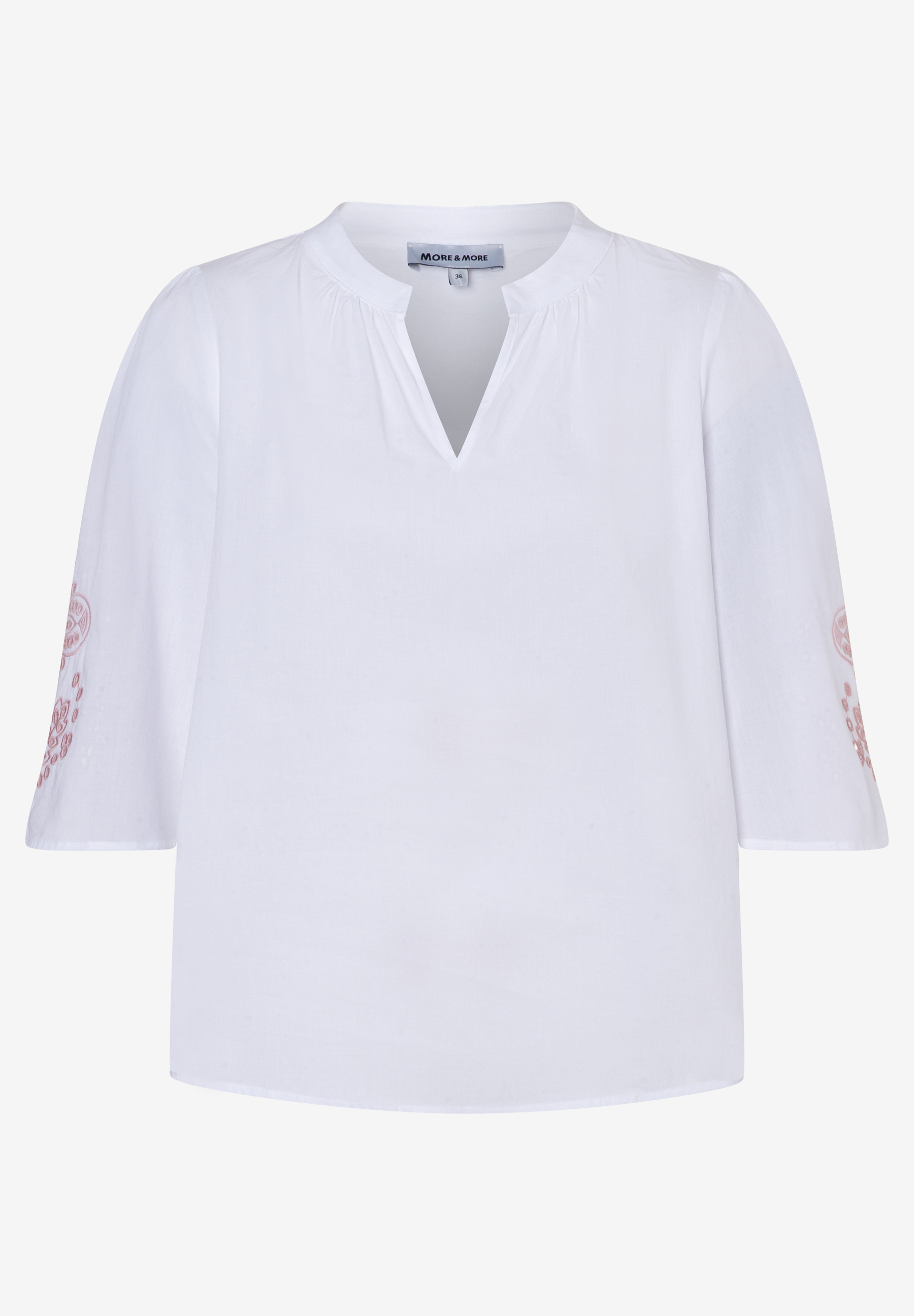 Weiße Bluse von MORE & MORE mit V-Ausschnitt und roten Stickereien an den Ärmeln. Weiße Bluse von MORE & MORE mit V-Ausschnitt und roten Stickereien an den Ärmeln.
