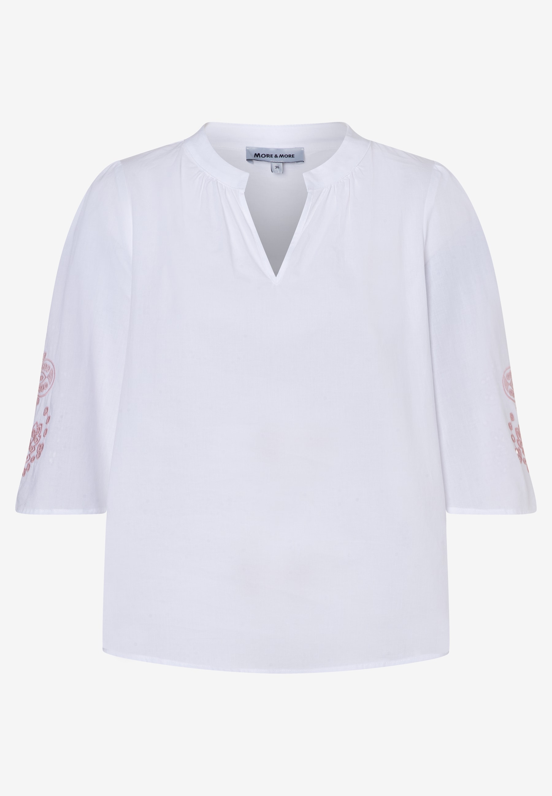 Weiße Bluse von MORE & MORE mit V-Ausschnitt und roten Stickereien an den Ärmeln. Weiße Bluse von MORE & MORE mit V-Ausschnitt und roten Stickereien an den Ärmeln.