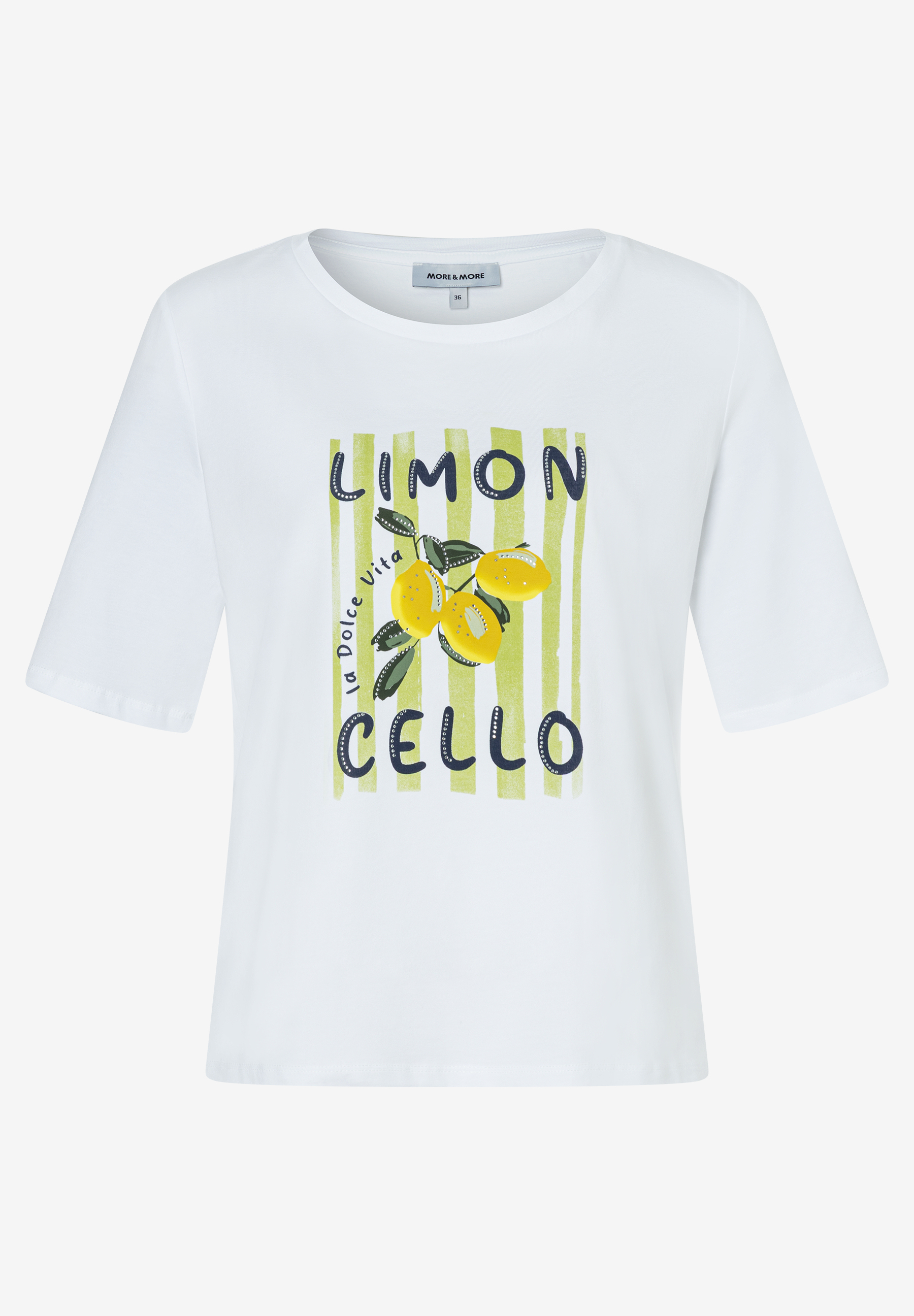 Ein weißes T-Shirt von MORE & MORE mit "Limoncello"-Aufdruck und Zitronenmotiv.