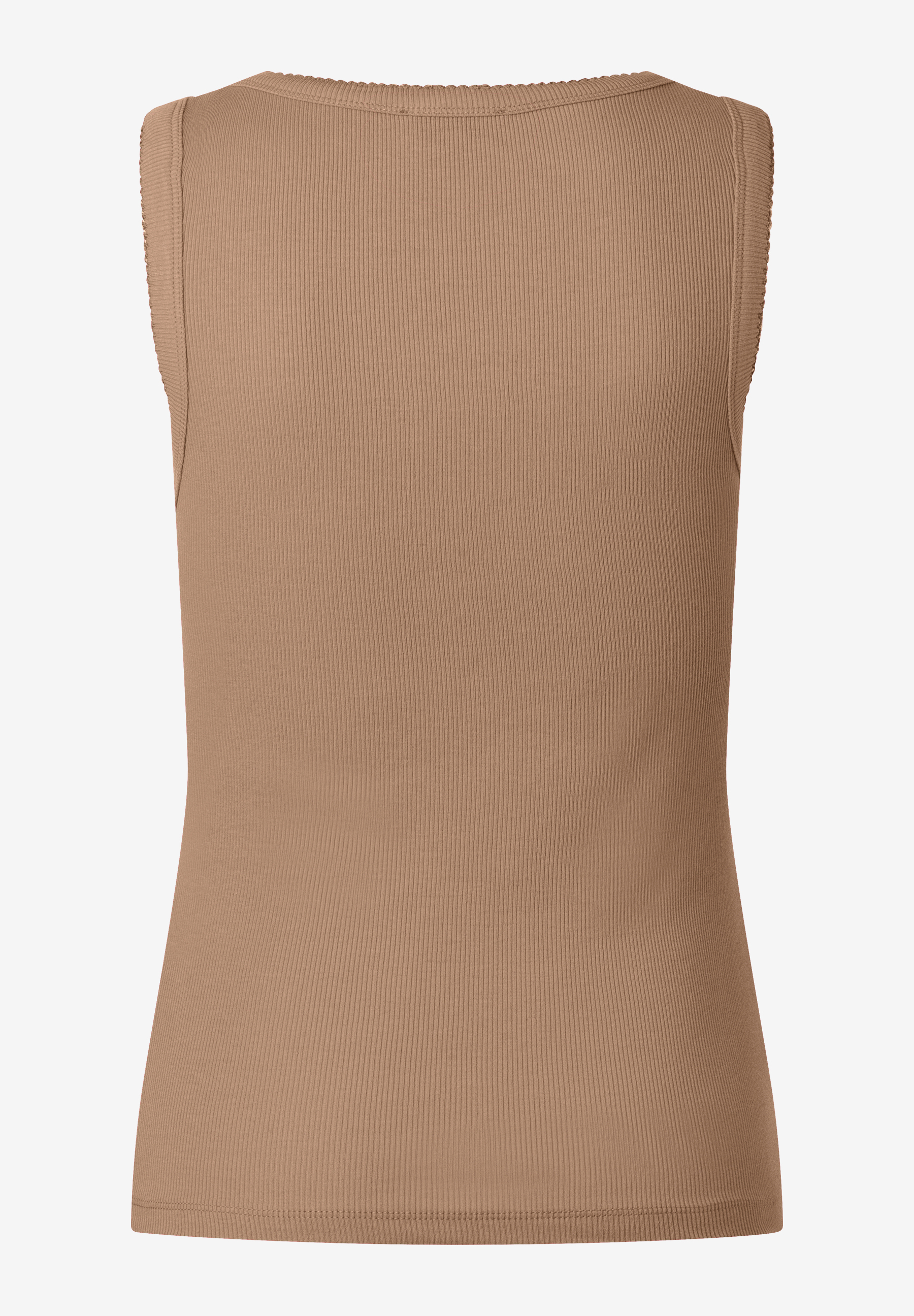 Ein geripptes, beiges MORE & MORE Top, ärmellos und mit schlichtem Rundhalsausschnitt.